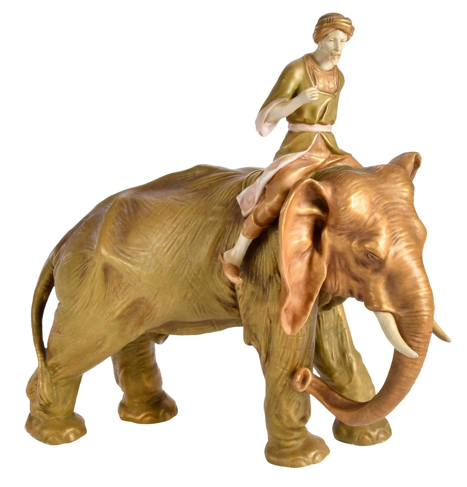 Teplitz Porcelain Figurine, Elephant and Rider: early 20th century, marked "18" to proper right front foot, "44" to proper right rear foot, and "1875" to underside, 15-1/8 x 7 x 15 in. Provenance: Private Georgia Collection