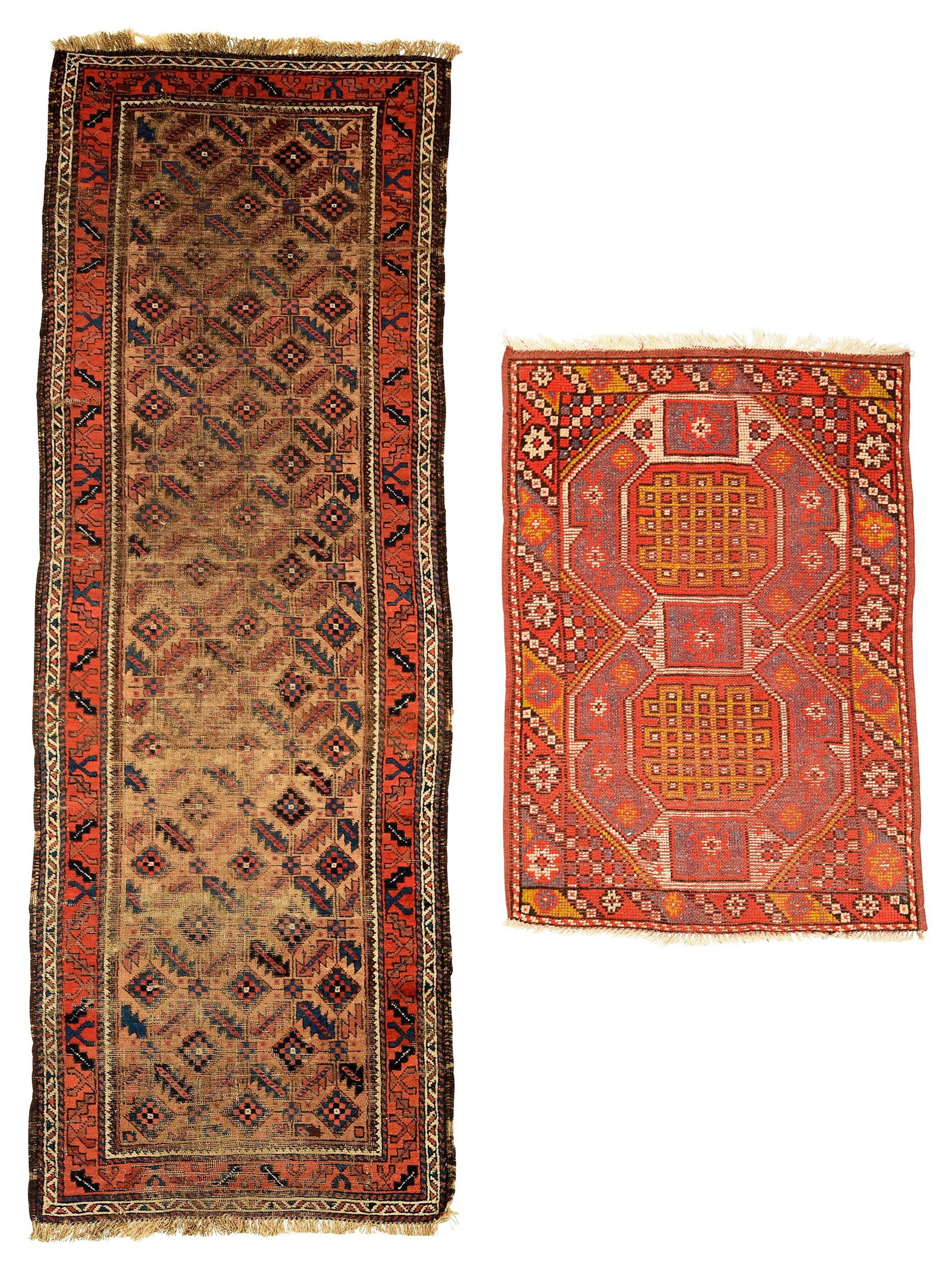 Two Turkmen Rugs: late 19th century, runner with tan field, leaf and checkerboard design, 7 ft. 8 in. x 2 ft. 6 in.; two octagonal medallions, 2 ft. 6 in. x 3 ft. 9 in. 