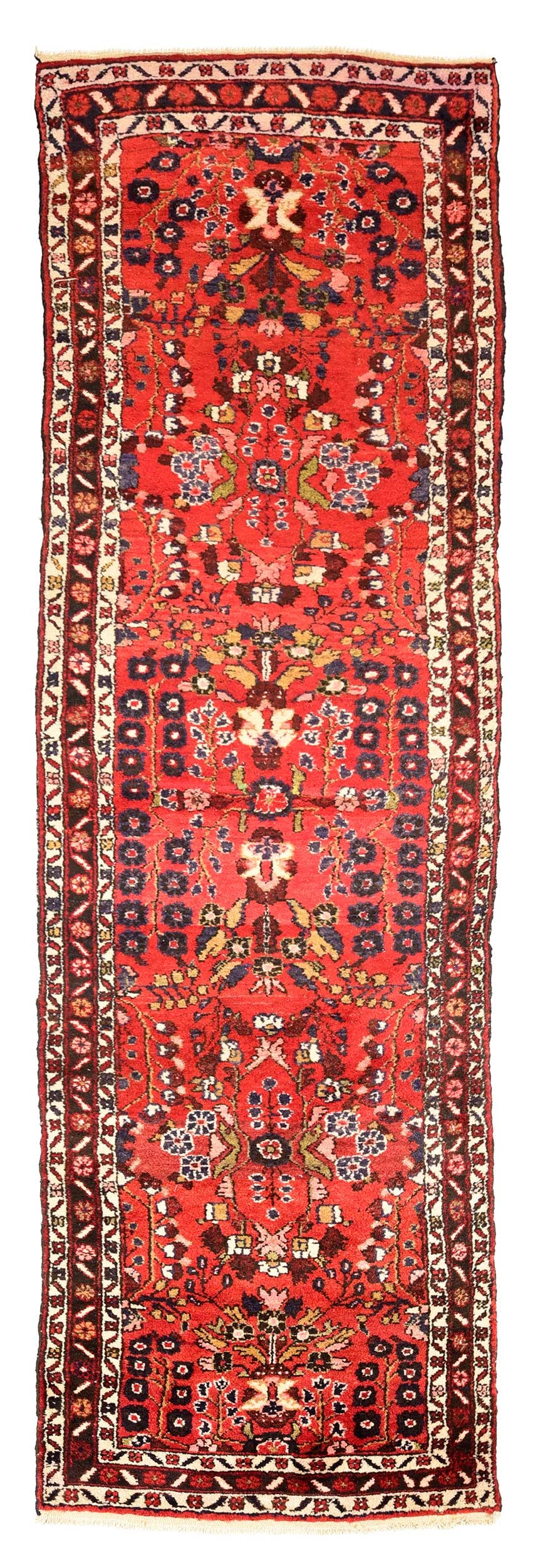 Persian Runner: 20th century, red field with flowering bouquets, trailing vines, white and red borders, 2 ft. 10 in. x 9 ft. 6 in. Provenance: Private Collection, Richmond, Virginia
