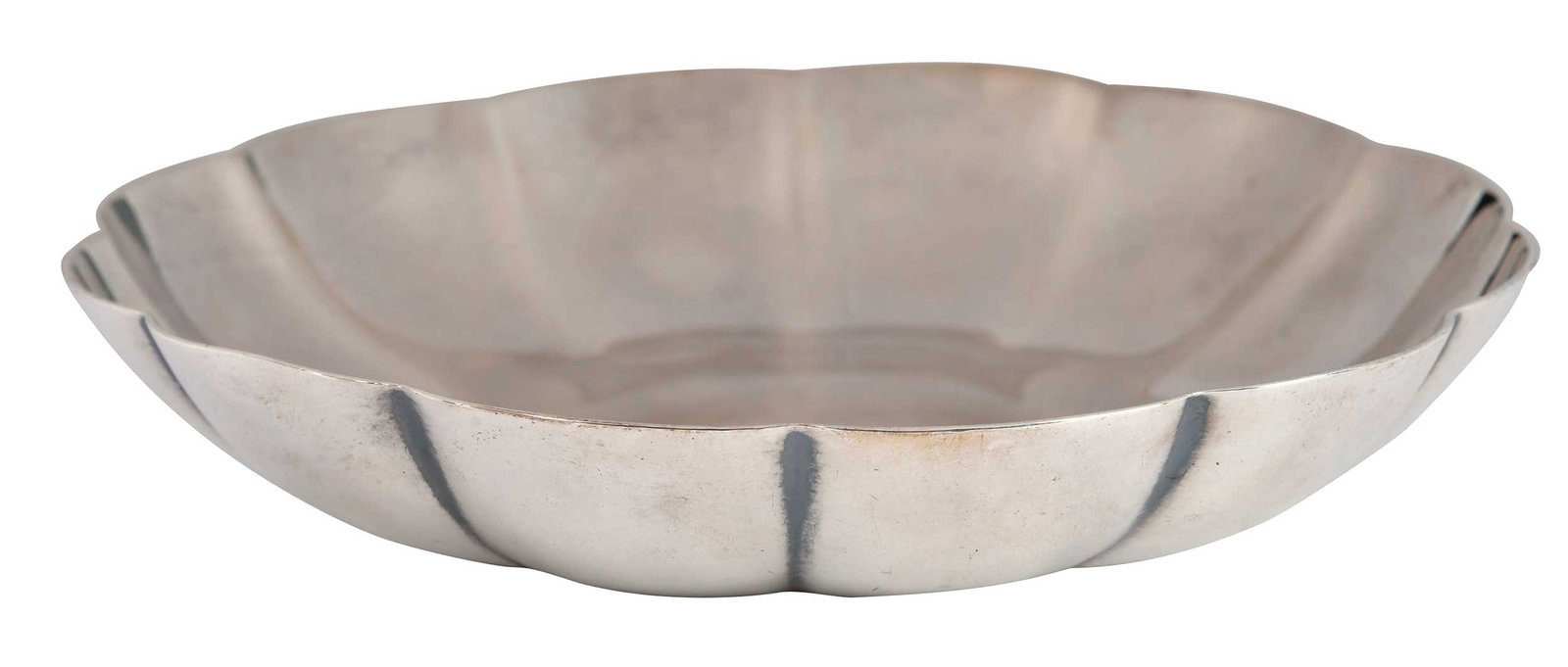Round Tiffany Sterling Bowl: American, 1907-1947, shallow round scalloped rim, marks for Tiffany & Co., "22951", 4.75 oz. T., 1 x 5-1/4 in. Provenance: Private Collection, New York City
