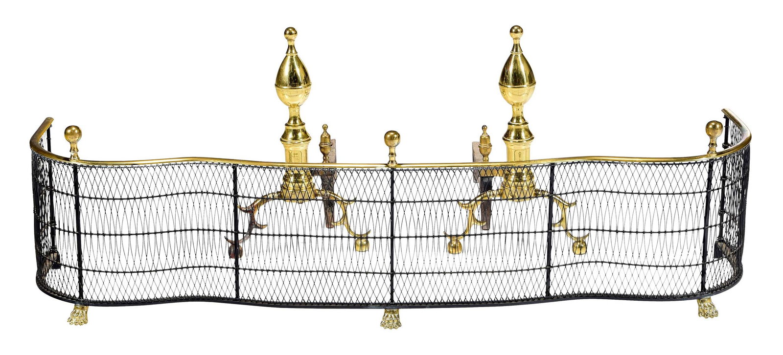 Pair Federal Style Brass Steeple Top Andirons and Serpentine Fender: 20th Century, underside of firedog stamped "The Harvill Company", underside of standard impressed "1000"; fender with ball finials, paw feet and wire grill; andirons: 20 x 12-1/4 x 22 in,; fender: