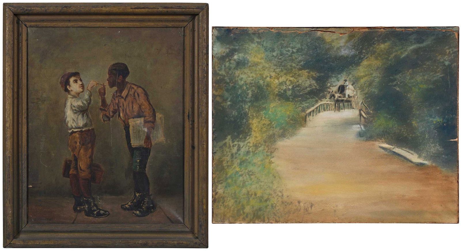 After John George Brown (1831-1913): (late 19th/early 20th century) Give Him a Light, signed lower left "T. W. Wood", oil on canvas, 20-1/8 x 16-1/8 in.; wood frame, 24-3/8 x 20-5/8 x 2 in.; together with Crossing the Bridge, unsigned,