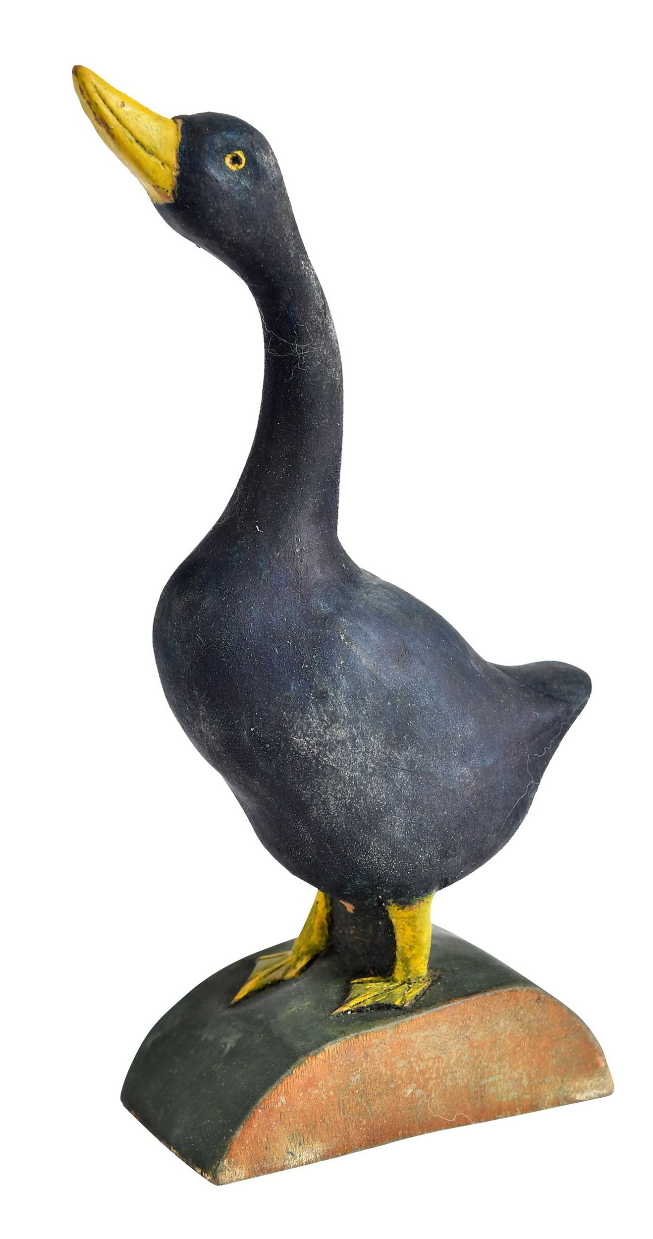 Folk Art Carved and Painted Goose in Tin Box: 20th century, initialed "FM" to base, 5-1/2 x 1-1/4 x 2-1/8 in.; tin Maritana chewing tobacco box Provenance: Collection of Dr. James Harkrader, Richmond, Virginia