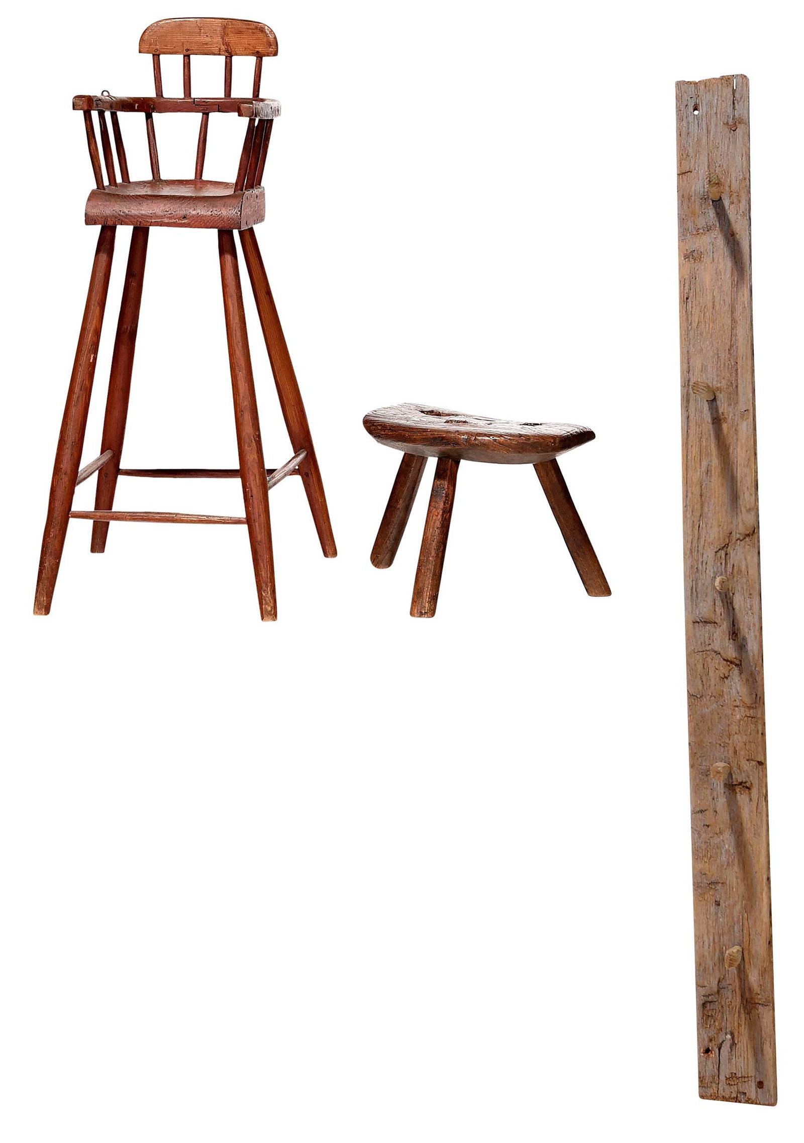 Three Primitive Wood Furniture Articles: 18th/19th century, comprising three legged demilune wood stool; baby's red painted Windsor type high chair; wall mounted coat rack with traces of blue paint, high chair 31-1/4 x 13-1/2 x 15 in., coat 
