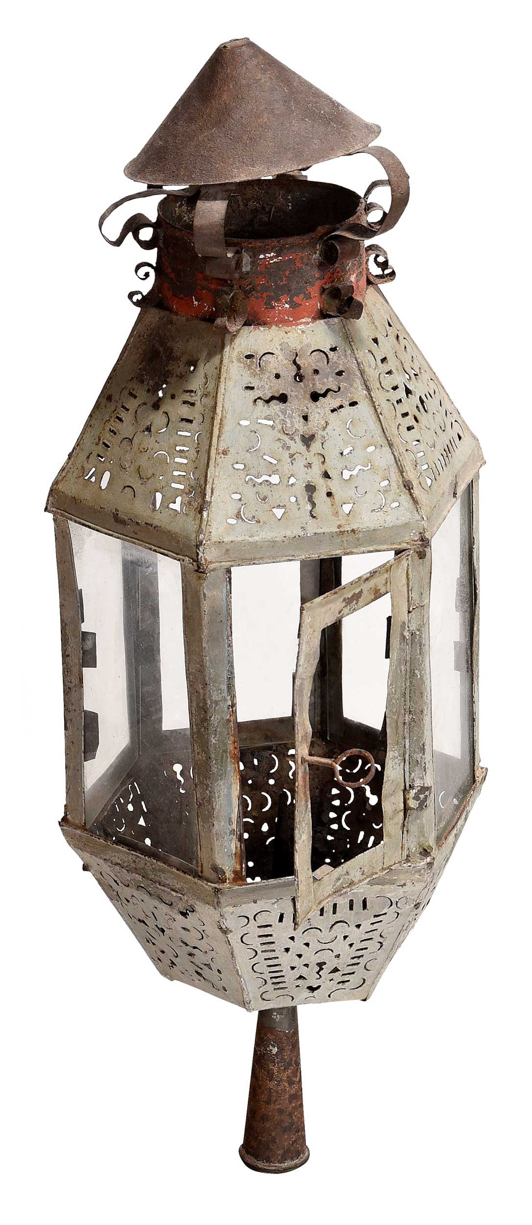 Light Blue Painted Tin and Glass Lantern Post: 19th century, with scrollwork and pierced decoration, 25-1/2 x 10 x 7-3/4 in. Provenance: The Ray J. and Anne K. Groves Collection