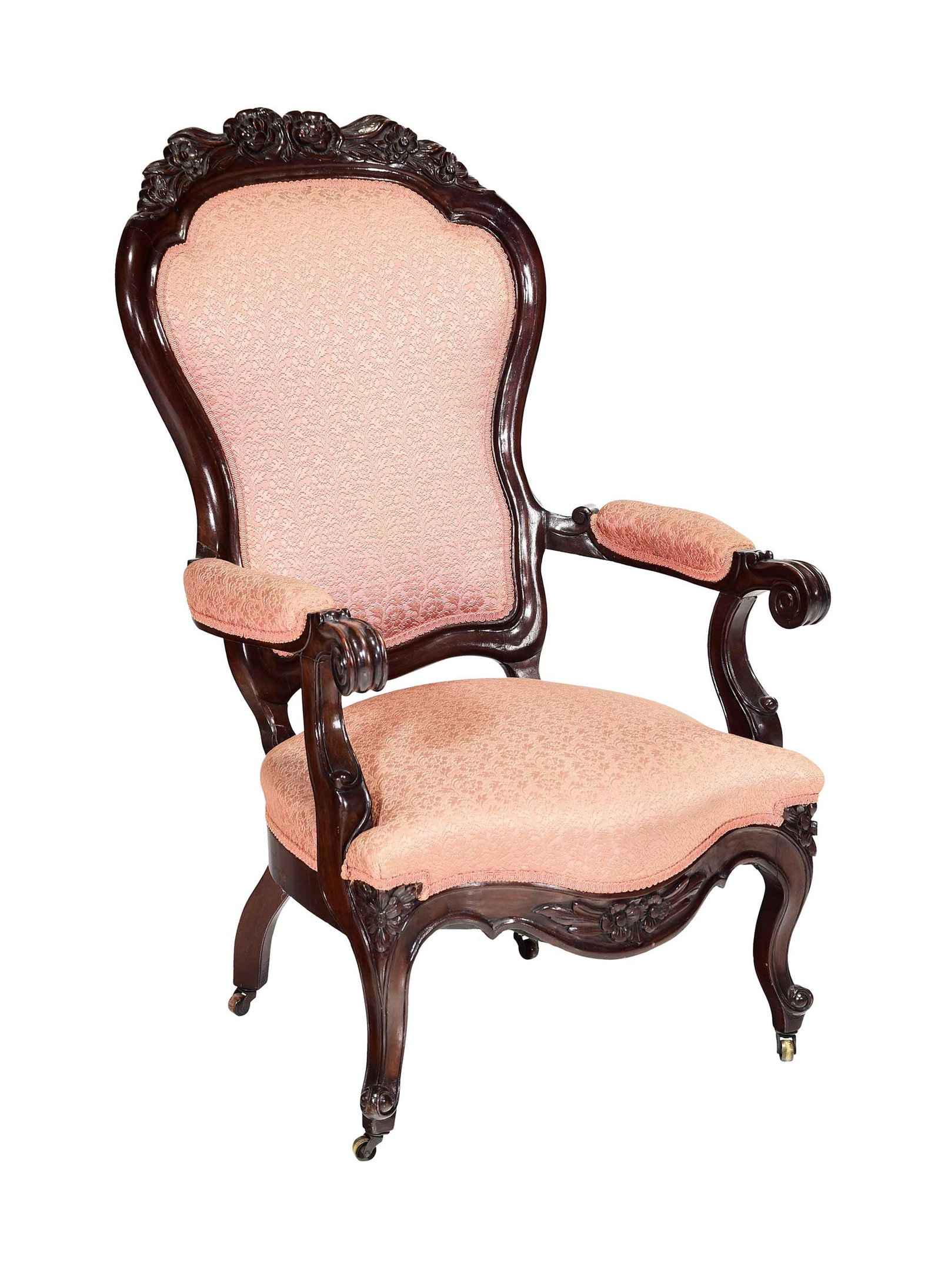 American Rococo Revival Armchair, Wilkinson-Mayo Family Provenance: mid 19th century, in the style of John Henry Belter, floral carved crest rail and seat rail, scrolled arms and feet, casters, 42-1/2 x 25-1/2 x 33 in., seat height 15-1/4 in. Provenance: Descended in