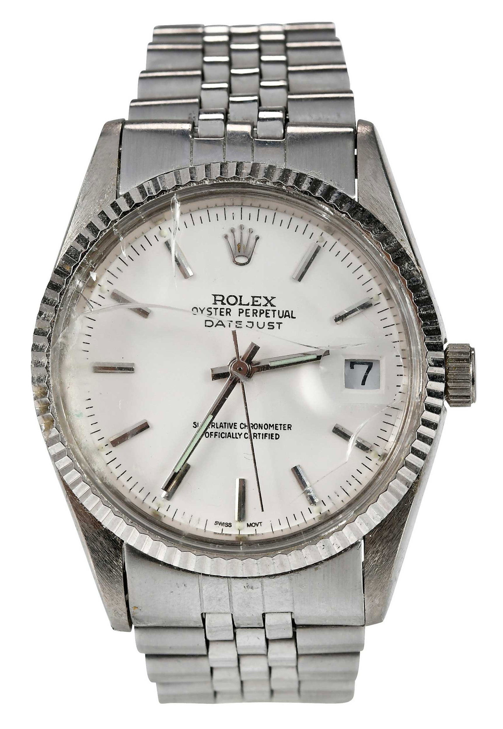 Stainless Steel Rolex Datejust: stainless steel Rolex Datejust, 35mm, fluted bezel, baton numeral hour markers, Jubilee bracelet, marked "100% stainless steel", inside measurement 6 in. length, 69.4 g Provenance: Private Virginia Co