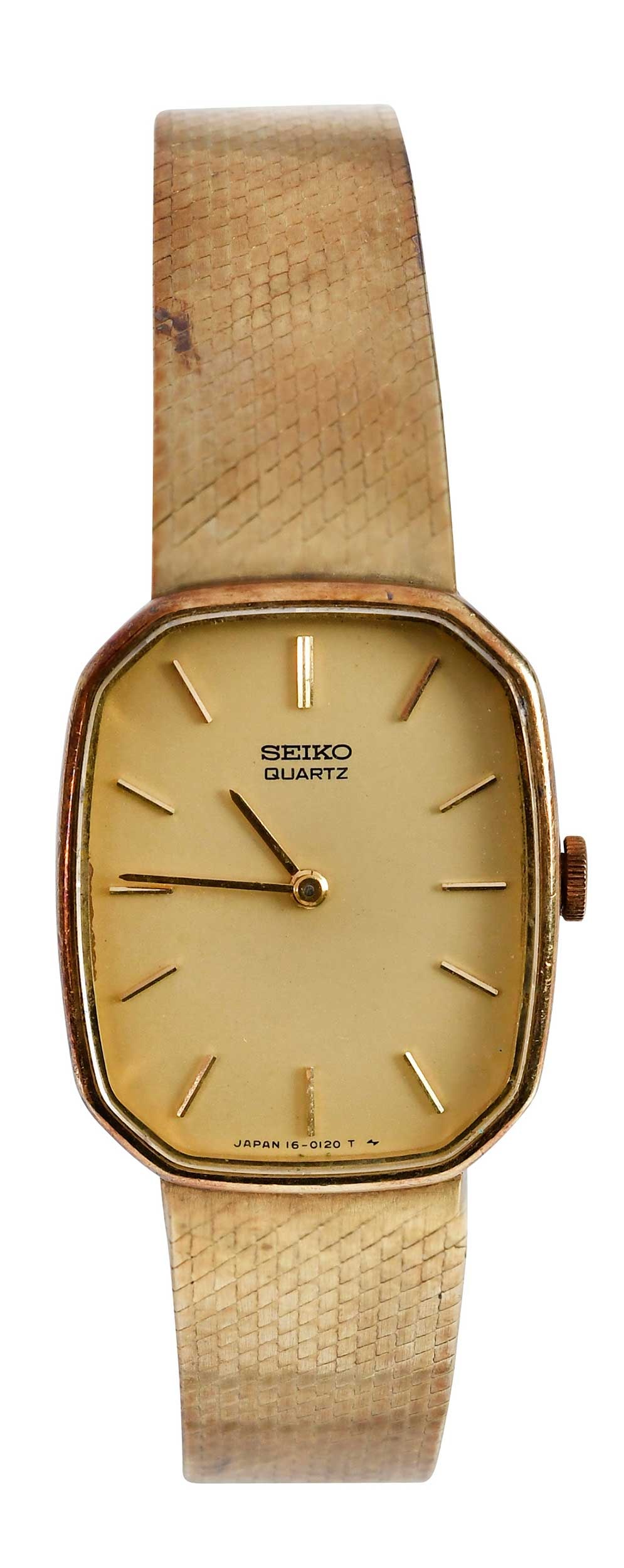 14kt. Vintage Ladies Seiko Watch: rounded corner case, baton numerical markers, champagne dial, quartz movement, marked "14Kt, 680035, 16-3019-D", yellow gold, engraving on back "With all my love 1-11-78", bracelet marked "14K", yello
