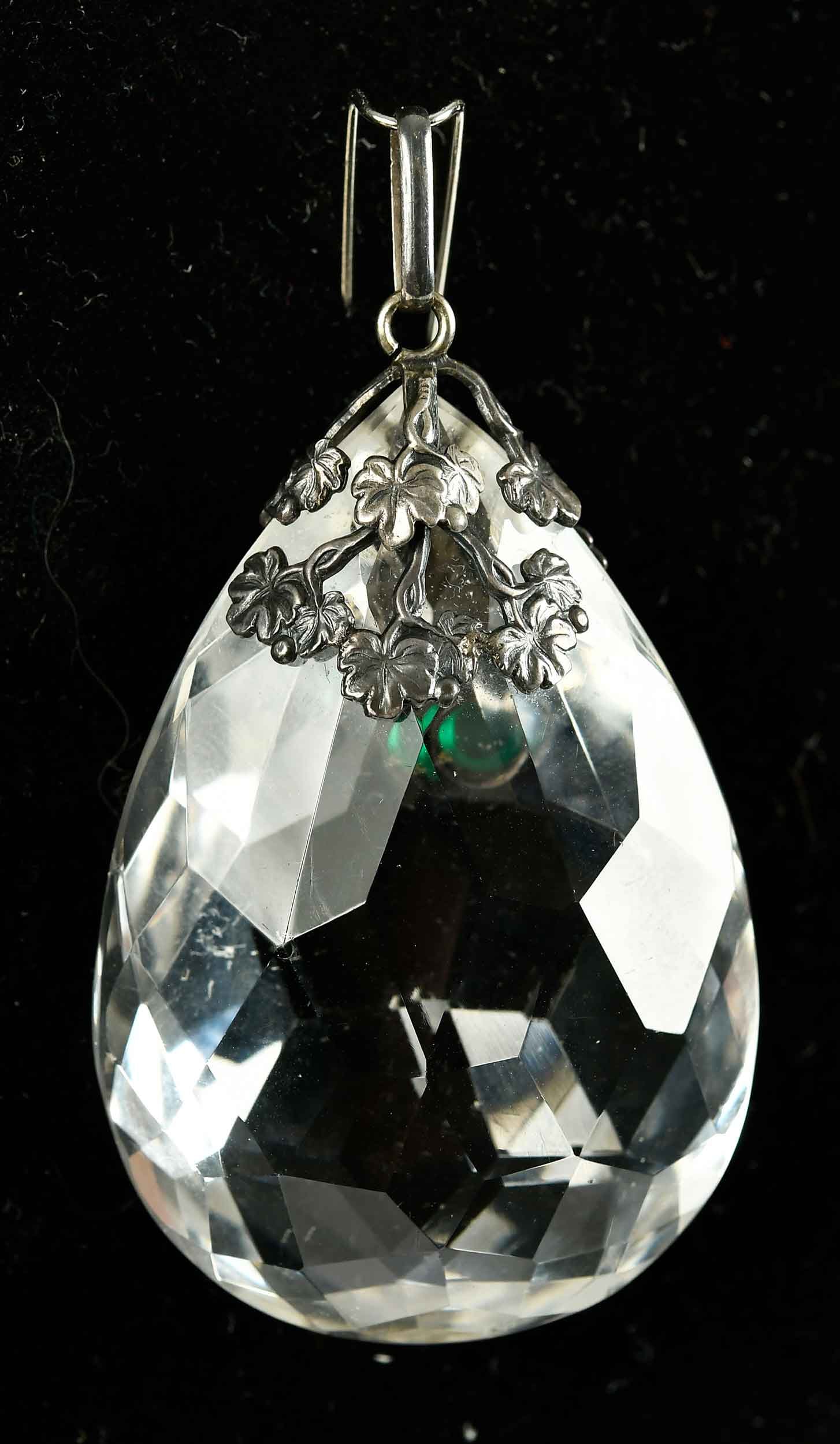Sterling Silver Faceted Rock Crystal Pendant: three round cabochon chrysoprase, pear shape faceted rock crystal briolette, tests sterling silver, 2-1/8 x 1-1/4 in., 36.8 g Provenance: Private Virginia Collection Note: Brunk Auctions makes no warr