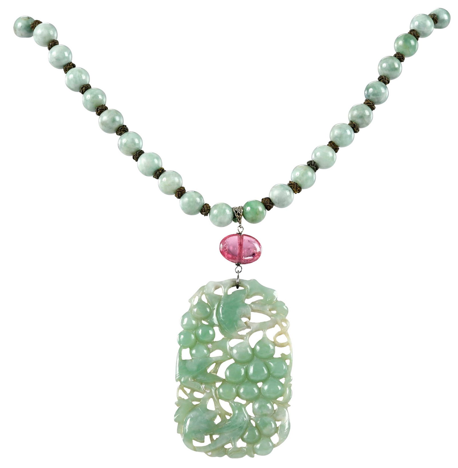 Jade Carved Pendant with Jade Bead Necklace: carving of birds and grapes, approx. 2-1/2 x 1-1/2 in., one oval pink tourmaline bead, green jade beads, 32 in. length, 126.6 g Provenance: Private Collection, Asheville, North Carolina Note: Brunk Au