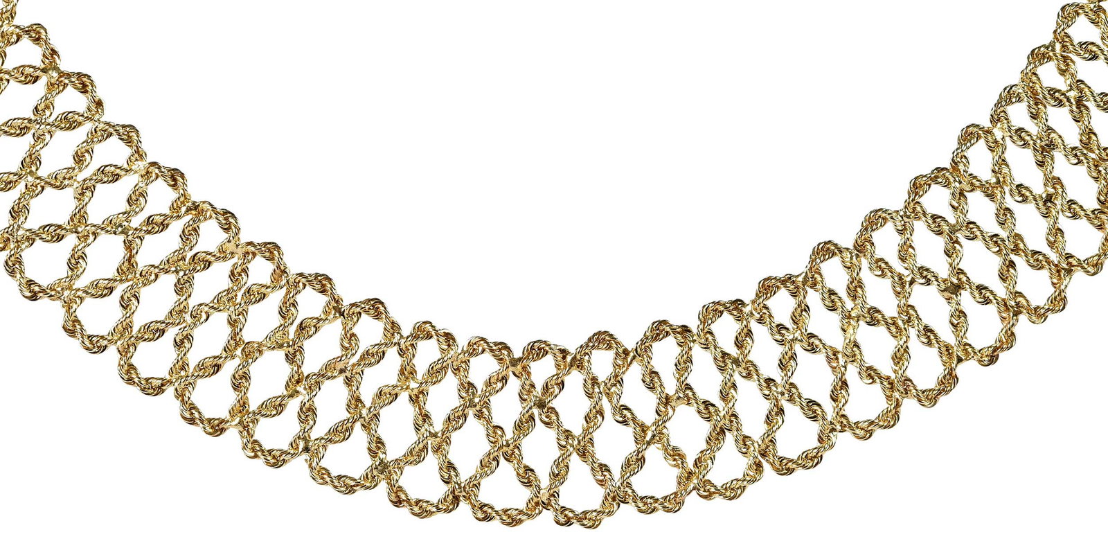 14kt. Woven Crochet Gold Necklace: rope chain, lace-like pattern, 15.3mm wide, marked "14k", yellow gold, 19 in. length, 13.2 g Provenance: Private Virginia Collection Note: Brunk Auctions does not guarantee the accuracy of metal conte