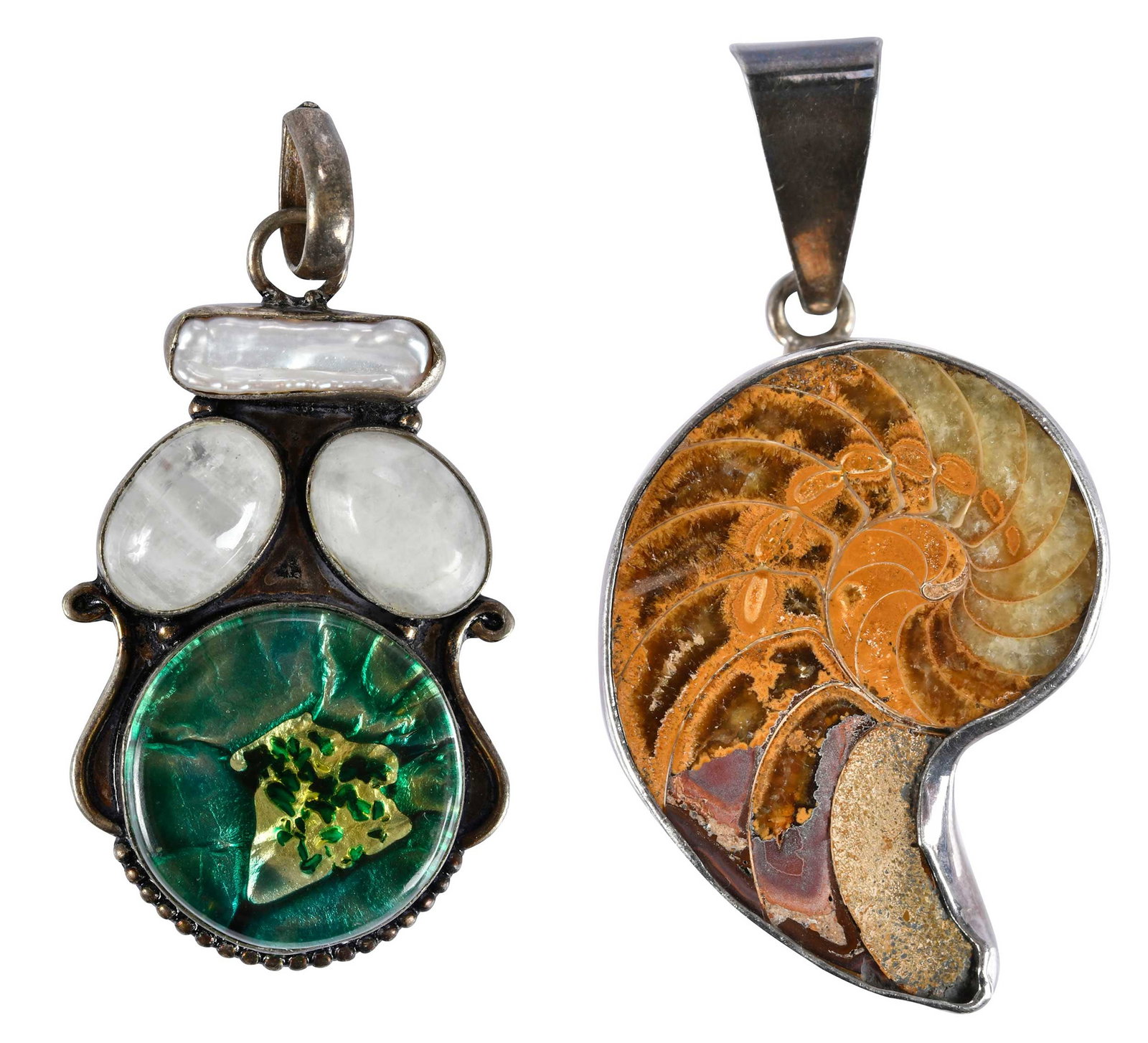 Two Sterling Silver Pendants: two oval cabochon cut moonstones, freshwater pearl, round dichroic glass, marked "925" sterling silver, 2-3/8 in. length, 17.5 g; ammonite fossil, marked "MICHAEL, 925", sterling silver, 2-3/4 in. len