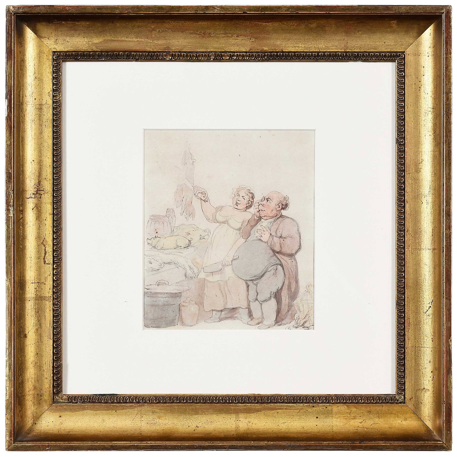 Thomas Rowlandson: (British, 1756-1827) The Meat Seller with a Gourmand, inscribed verso in ink "Row'd/N.5", ink and watercolor on laid paper, 7 x 6-1/8 in.; gilt wood frame, 15 x 15 x 1-5/8 in. Provenance: Estate of Ha