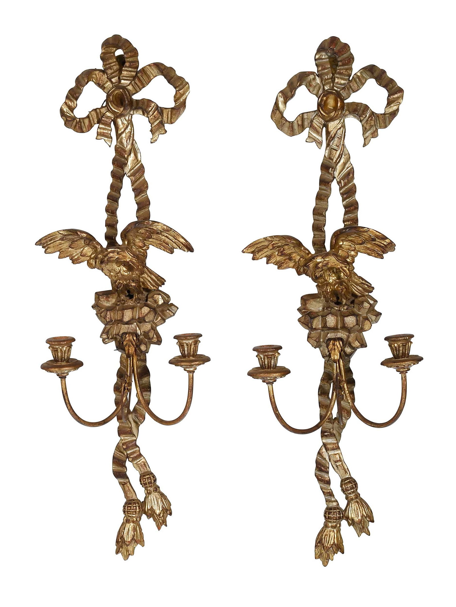 Pair of Rococo Revival Carved Gilt Wood Two Light Wall Sconces with Eagles: Italian, early 20th century, stamped verso "Made in Italy", ribbon and perched eagle central column issuing two scrolled arms, 34 x 10-3/4 x 7-3/4 in. Provenance: Private Collection, Virginia