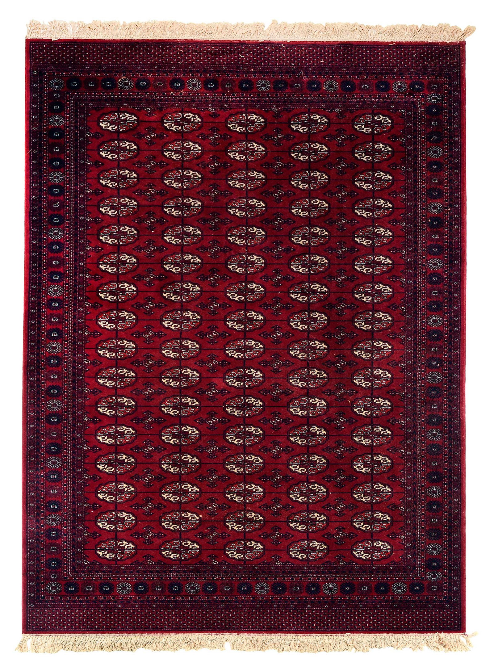 Bokharra Carpet: 20th century, wool machine made, repeating rows of medallions, 6 ft. 7 in. x 9 ft. 9 in. Provenance: Deaccessioned by the Virginia Museum of History & Culture to benefit collections care,