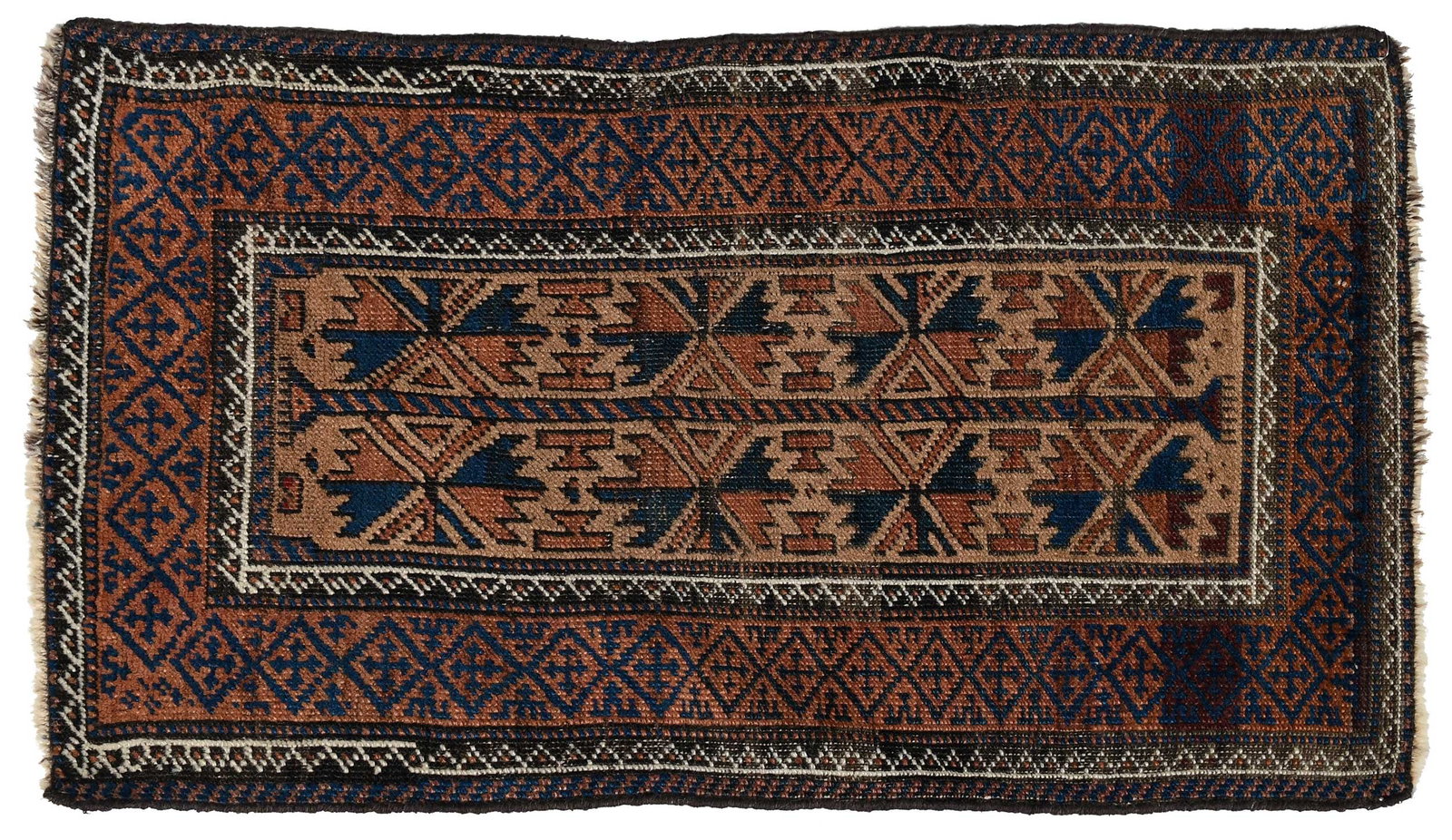 Small Baluch Rug: mid 20th century, woven in brown, red, and blue, 1 ft. 8 in. x 2 ft. 8 in. 