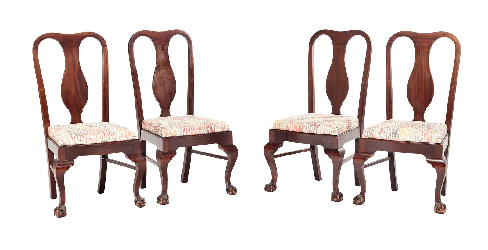 Set Four George I Style Mahogany Ball and Claw Foot Side Chairs: British, late 19th century, vasiform splats, webbed ball and claw feet, cushioned slip seats, 43-1/4 x 23-1/4 x 22-1/4 in., seat heights 20-1/4 in. Provenance: Deaccessioned by the Virginia Museum of 