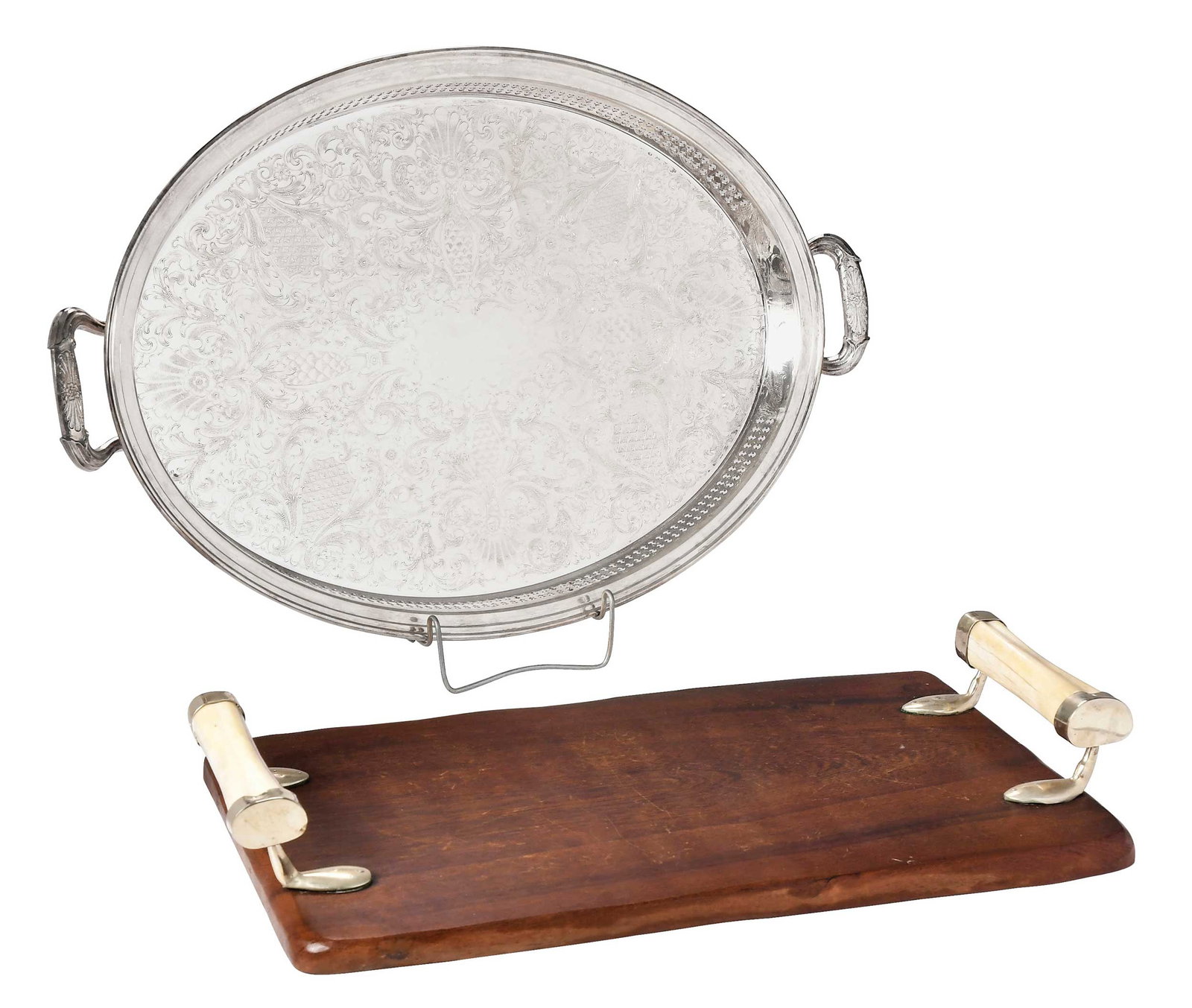 Silver Plate Gallery Tray and Wood and Bone Handles Tray: 20th century, including Gorham oval two handle gallery tray, 2 x 24-1/2 x 16 in.; wooden tray with bone handles, unmarked, 3 x 21 x 12-1/4 in. Provenance: Private Collection, New York City
