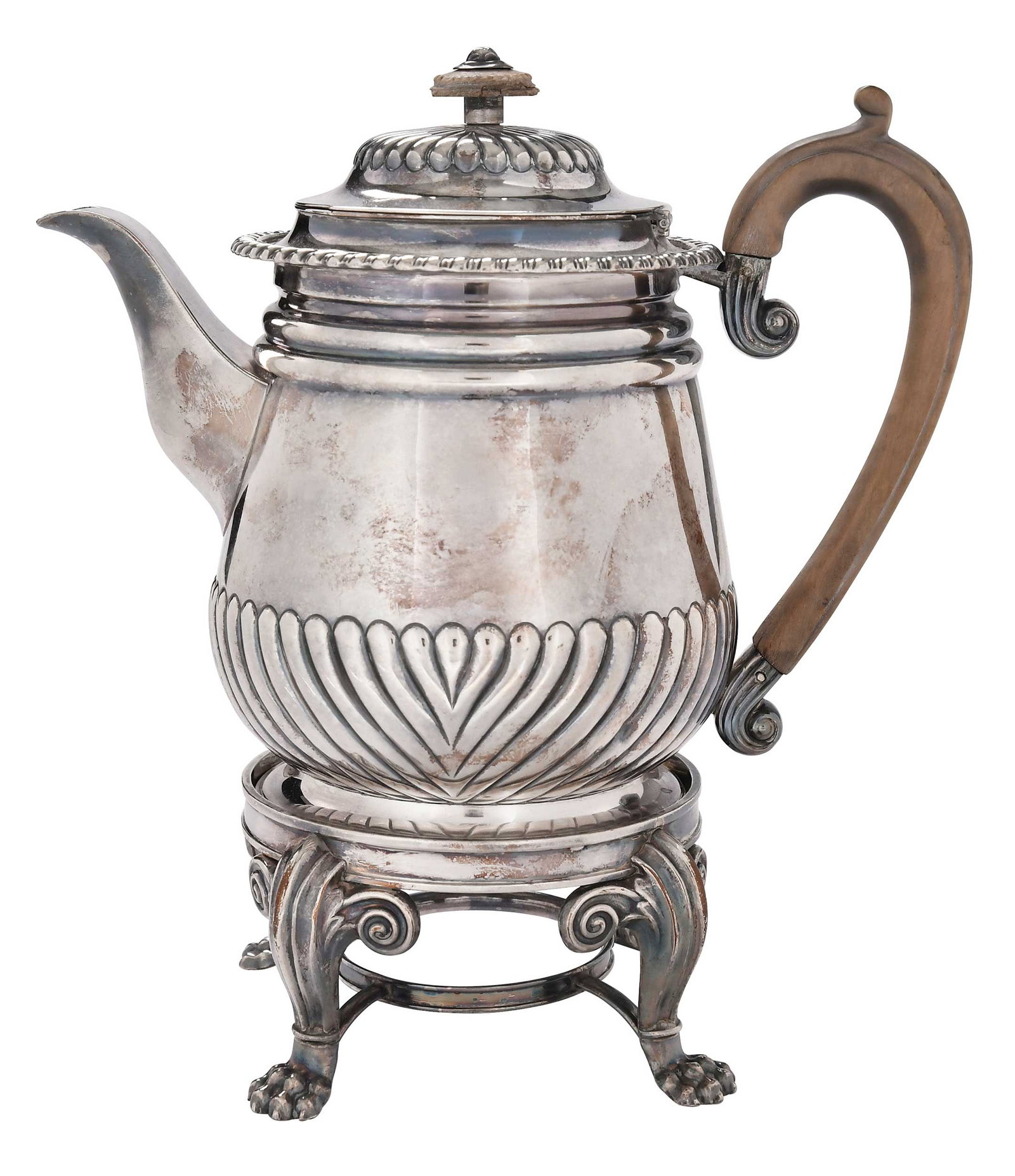 Old Sheffield Plate Biggin with Stand, Matthew Boulton: English, early 19th century, round form, gadroon borders, wood handle, ivory finial, let in shield, base with scroll legs and paw feet, pot with double sunburst marks for Matthew Boulton, 9-1/8 x
