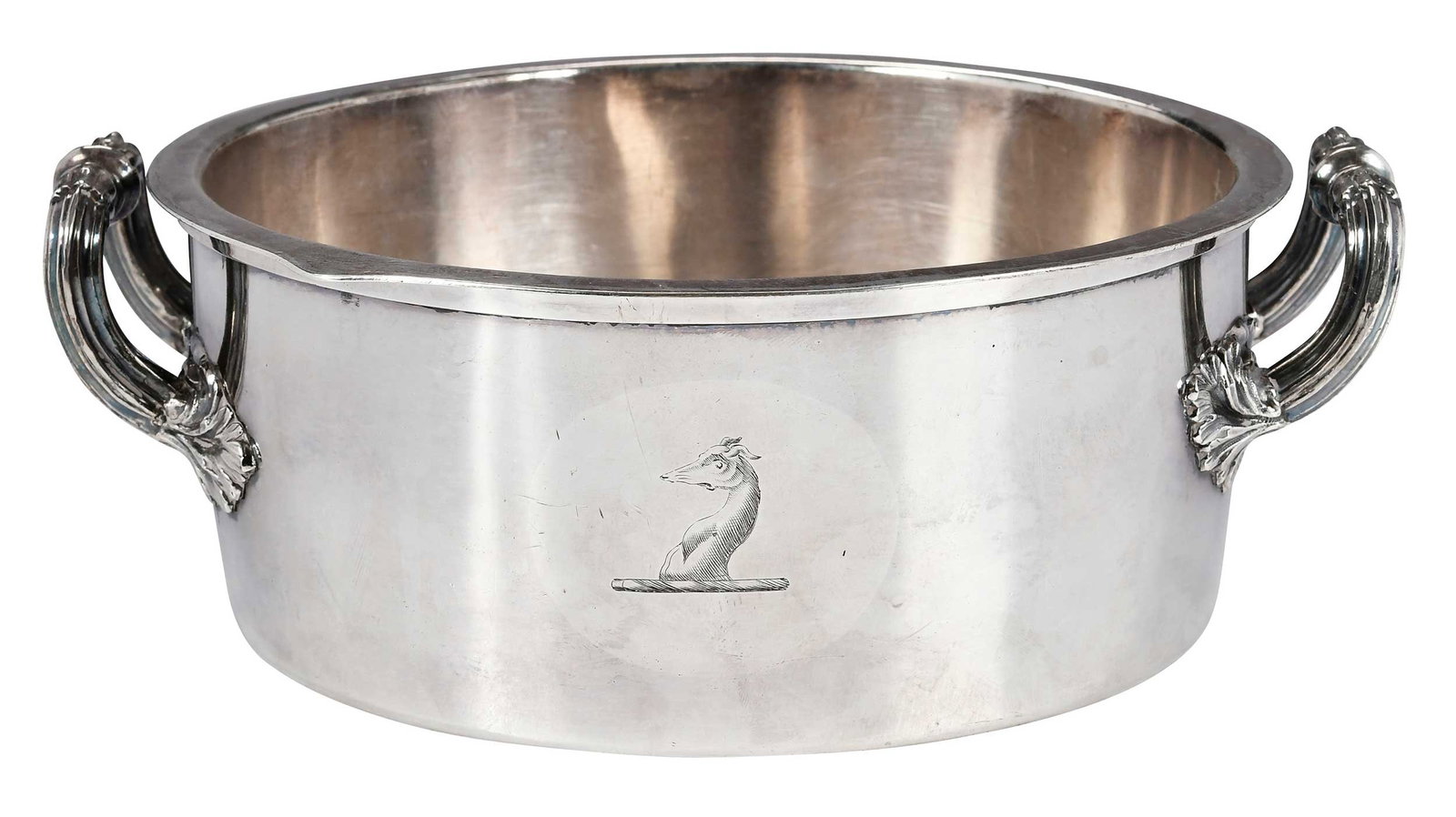 Old Sheffield Plate Souffle Dish, Matthew Boulton: English, 19th century, two handled dish has a removable liner, crest on side, double sunburst marks for Matthew Boulton and mark of a crown, 3-1/4 x 8-3/4 x 7-1/2 in. Provenance: Lifetime Collection