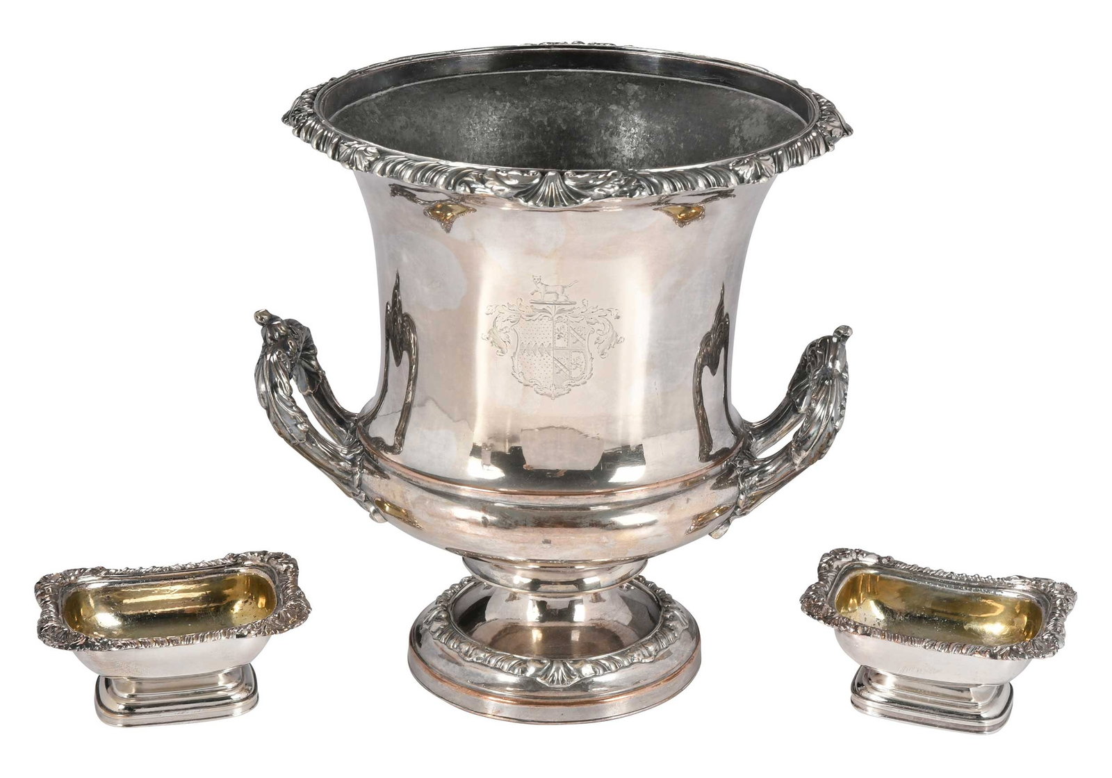 Old Sheffield Plate Wine Cooler and Pair Open Salts, Matthew Boulton: English, early 19th century, including two handle urn wine cooler, coat of arms, 9-1/2 x 9 8-1/2 in.; pair round rectangular open salts, gilt interior, 2 x 4 x 3 in., both with double sunburst marks