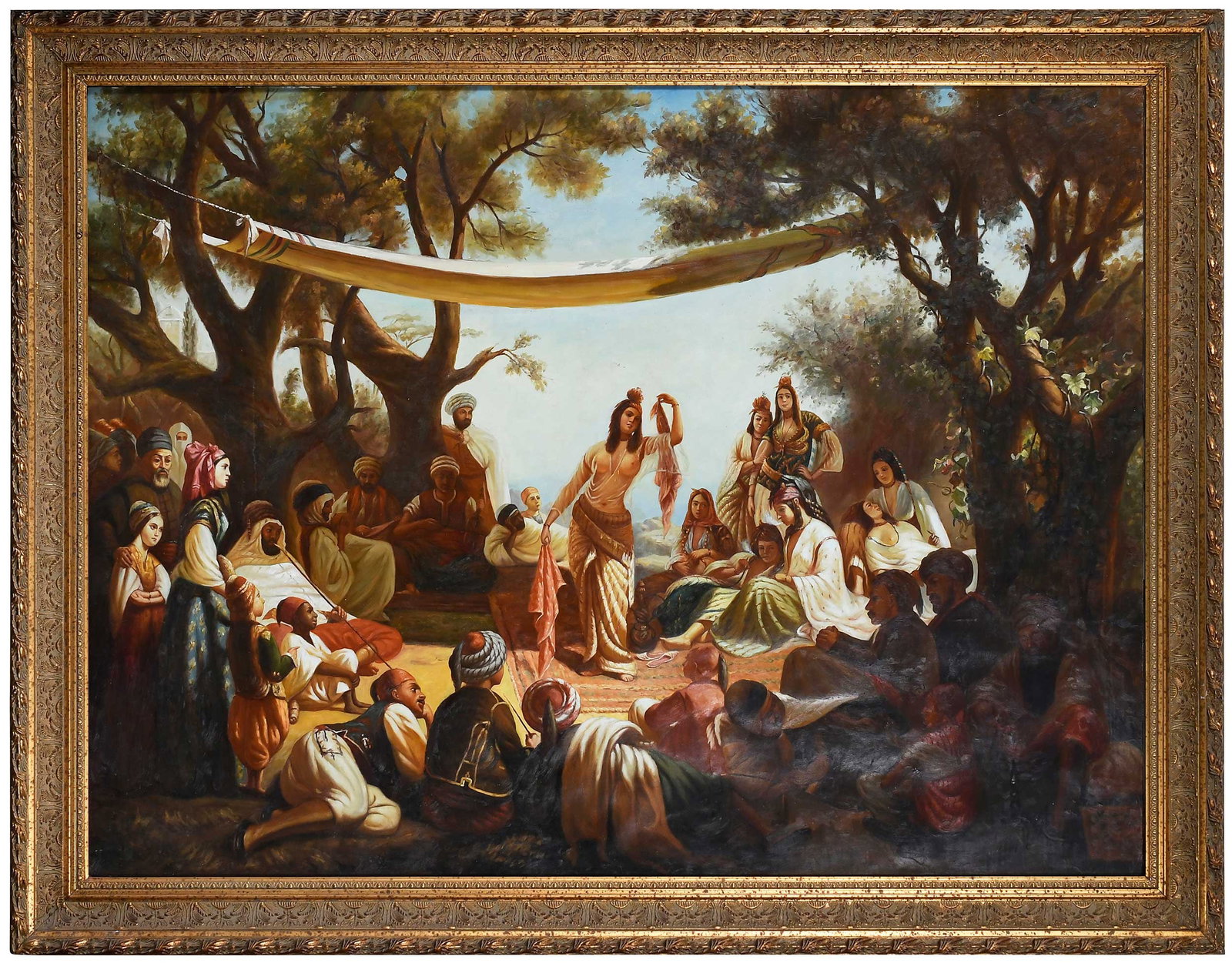 After Benjamin Roubard (1811-1847): (20th century) A Moorish Festival near Algiers, unsigned, oil on canvas, 58-7/8 x 78-1/4 in.; gilt wood and composition frame, 69-1/2 x 89-3/8 x 3-1/2 in. Provenance: Private Collection