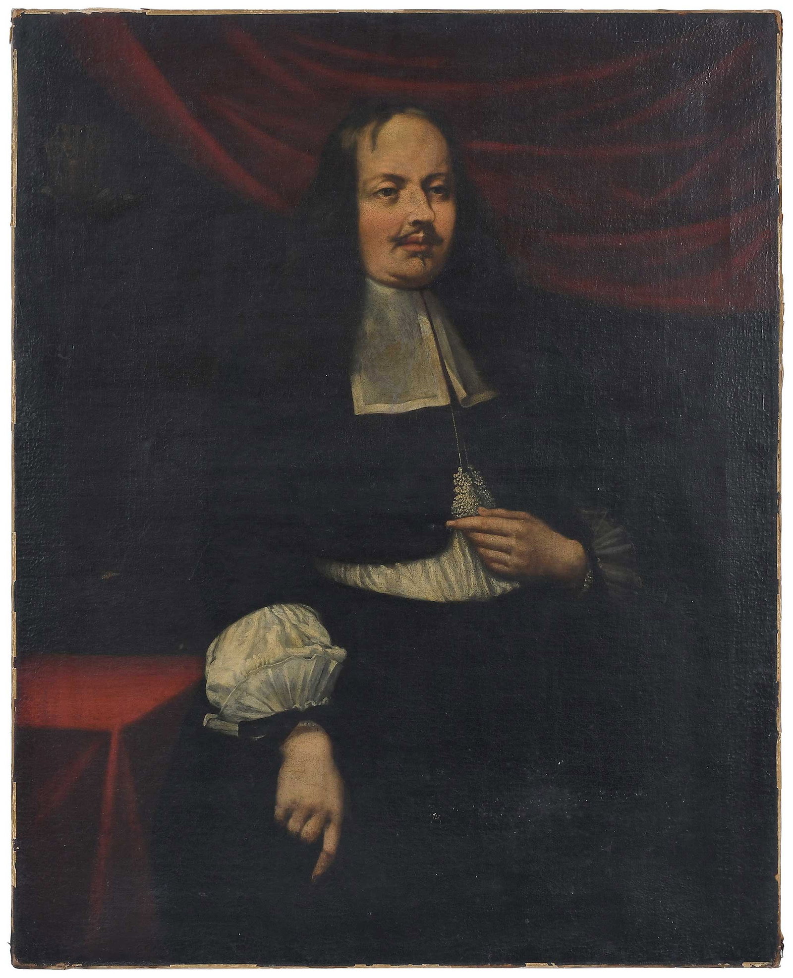Dutch School Portrait: (possibly 17th century) A Nobleman, faint heraldic crest in upper left, unsigned, oil on canvas, 47 x 38 in.; unframed Provenance: Private Collection