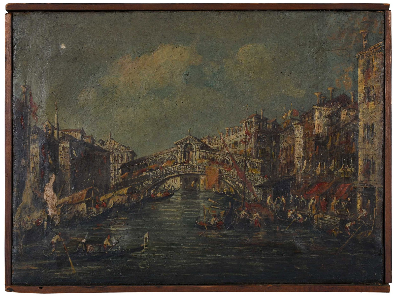 Follower of Francesco Guardi (Italian, 1712-1793): (19th century) The Rialto Bridge, Venice, unsigned, Grand Tour period, oil on canvas, 8-3/4 x 11-7/8 in.; wood lattice nailed at edges, 9-1/4x 12-1/2 x 3/4 in. Provenance: Private Collection