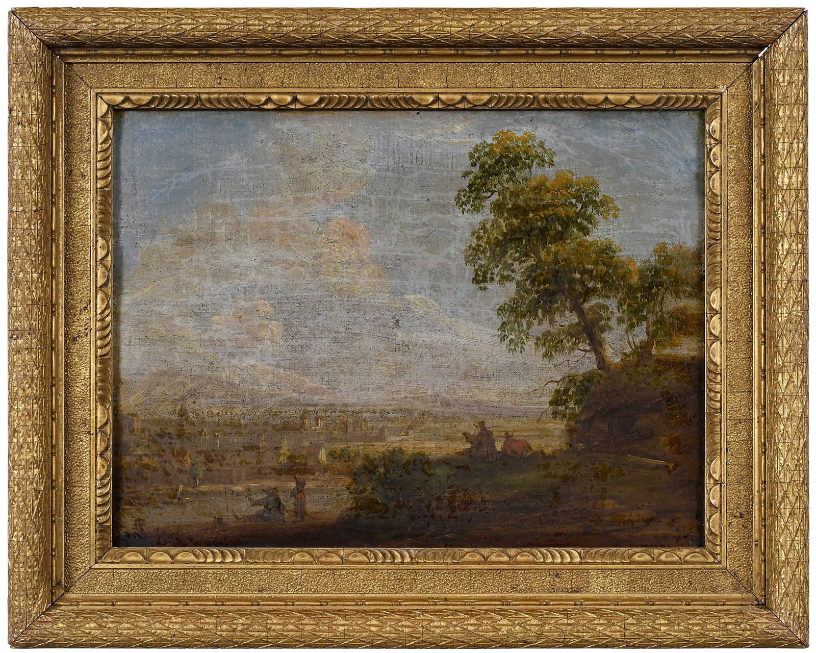 Flemish School Painting: (17th century) Figures on a Hillside Overlooking a City, unsigned, oil on canvas, 8-3/4 x 11-5/8 in.; gilt wood and composition frame, 11-3/4 x 14-3/4 x 1-1/4 in. Provenance: Private Collection