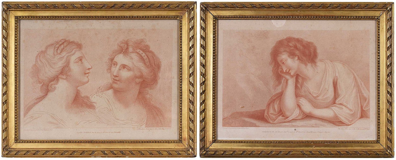 Francesco Bartolozzi: (Italian, 1727-1815) Pair of Sepia Tone Engravings, Mariano Bovi, London, England, publisher, engraving on paper: Woman Contemplating, 1798, 9-7/8 x 13 in.; Two Women,1799, sight, 9-1/4 x 12-1/2 in.; 