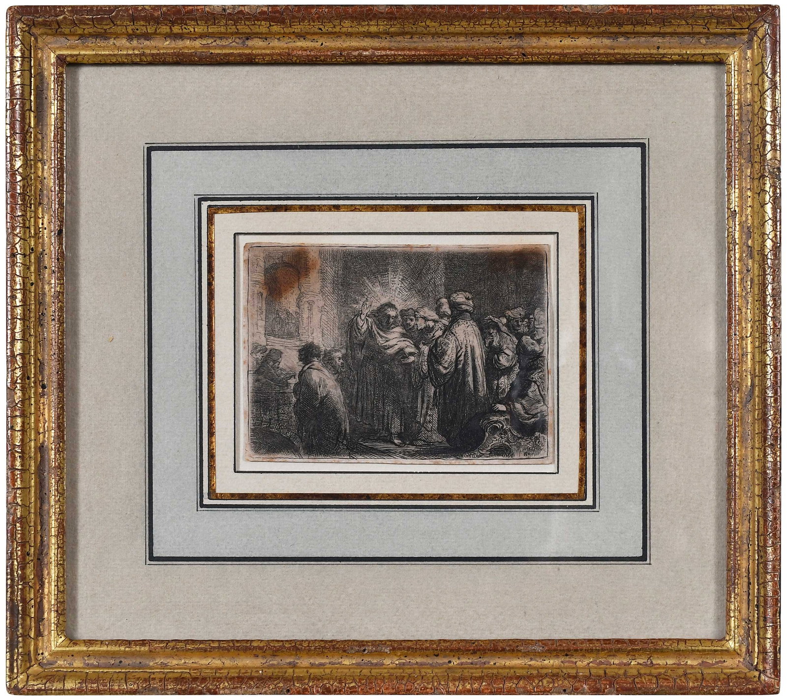 Rembrandt Van Rijn, H. L. Basan: (Dutch, 1606-1669) The Tribute Money, circa 1634, H.L. Basan impression, 1806, etching on, 3 x 4-1/8 in.; gilt wood frame, French mat, 1-1/8 x 10-1/4 x 1 in. Provenance: Private Collection