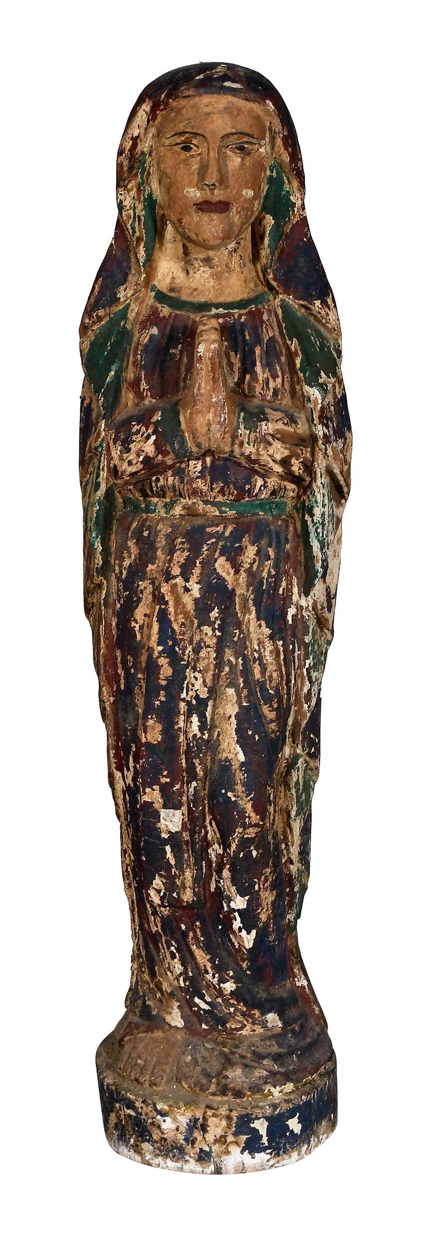 Carved and Painted Wood Statue of Virgin Mary: possibly Spanish-Colonial, 19th century, with blue, green, red, and black painted decoration, approx. 39 x 9-1/4 x 7-3/4 in. Provenance: Private Collection, Richmond, Virginia