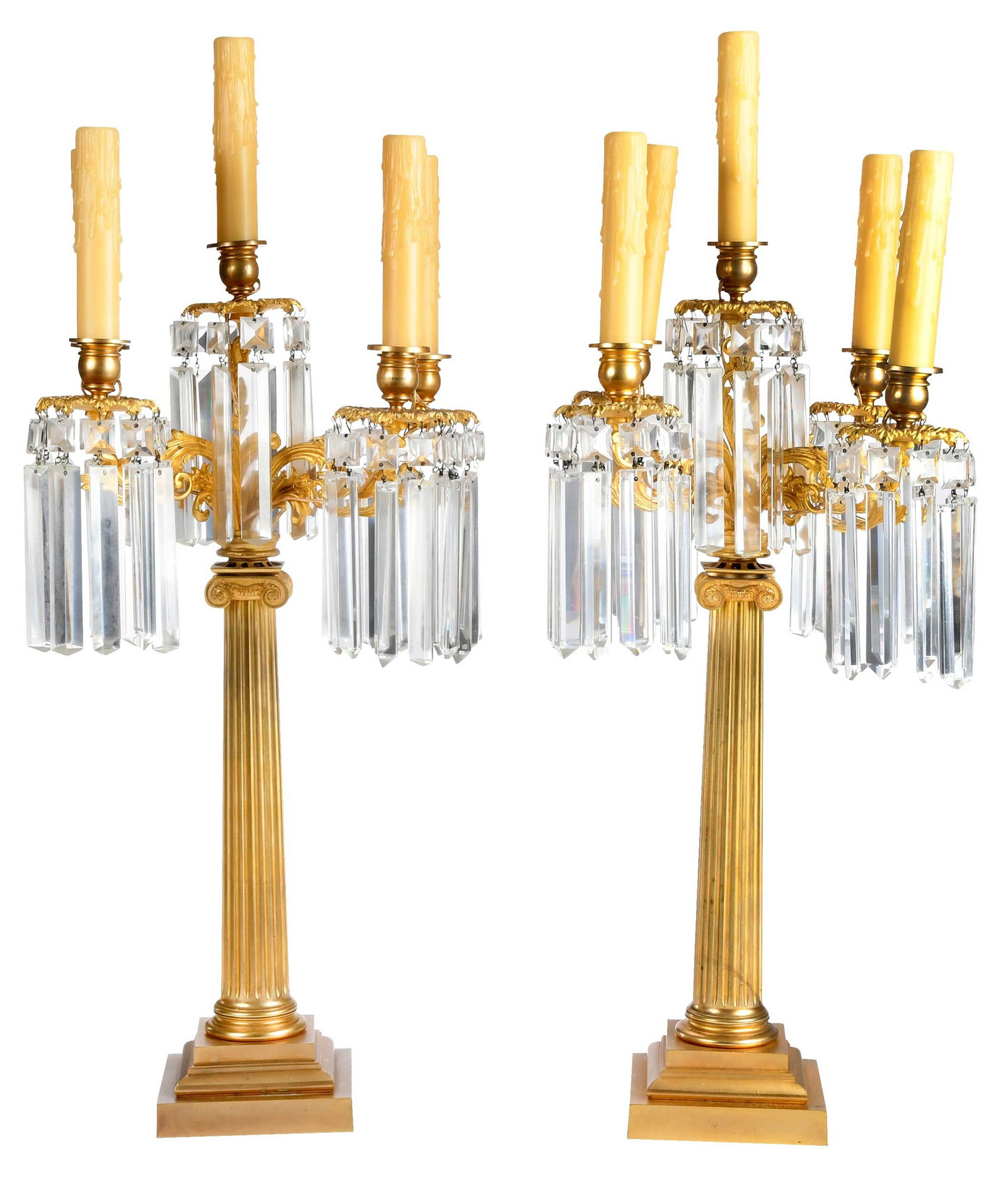 Pair of Gilt Bronze Five Light Candelabra Hung with Lusters (1 of 3)
