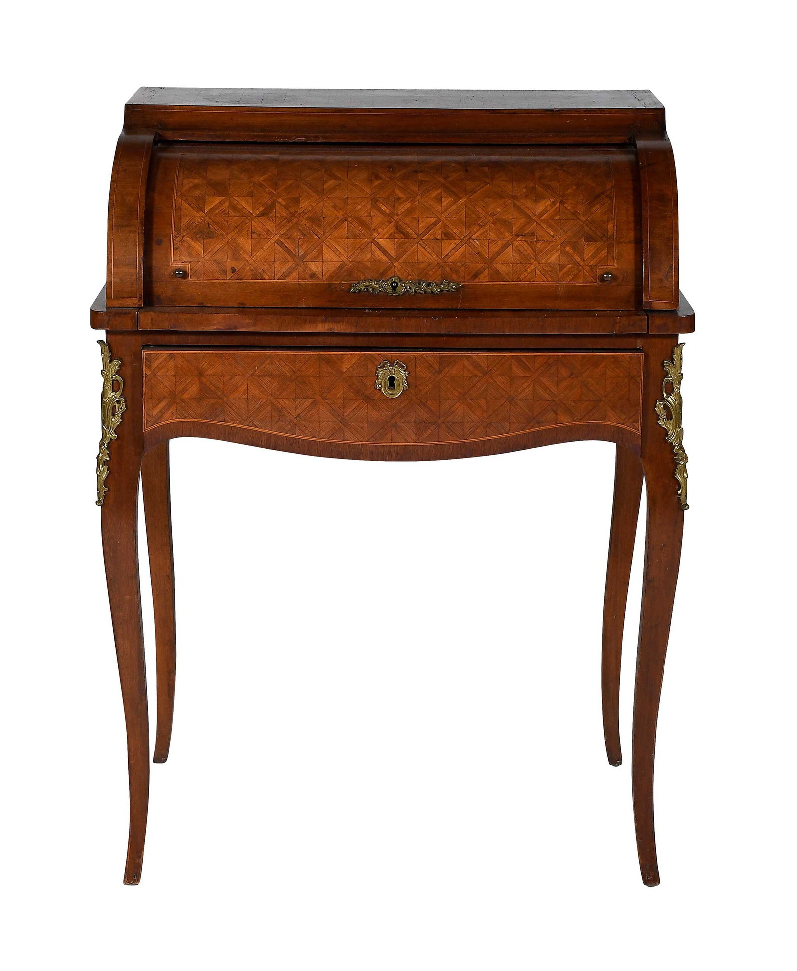 Louis XV Style Marquetry Cylinder Bureau: Continental, early 20th century, interior with pigeon holes and three small drawers, pull out writing surface, cabriole legs, brass mounts, 38 x 28-1/4 x 18-1/4 in. Provenance: Private Collection