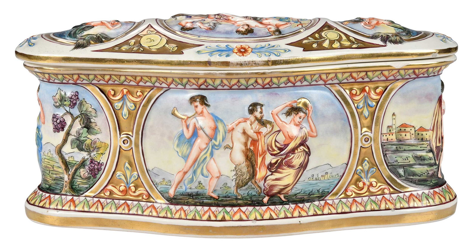 Capodimonte Porcelain Oval Lidded Box: Italian, 19th century, marked on the base with crown over "N", 5-1/4 x 11-1/4 x 4-1/2 in. Provenance: Private Collection, New York City
