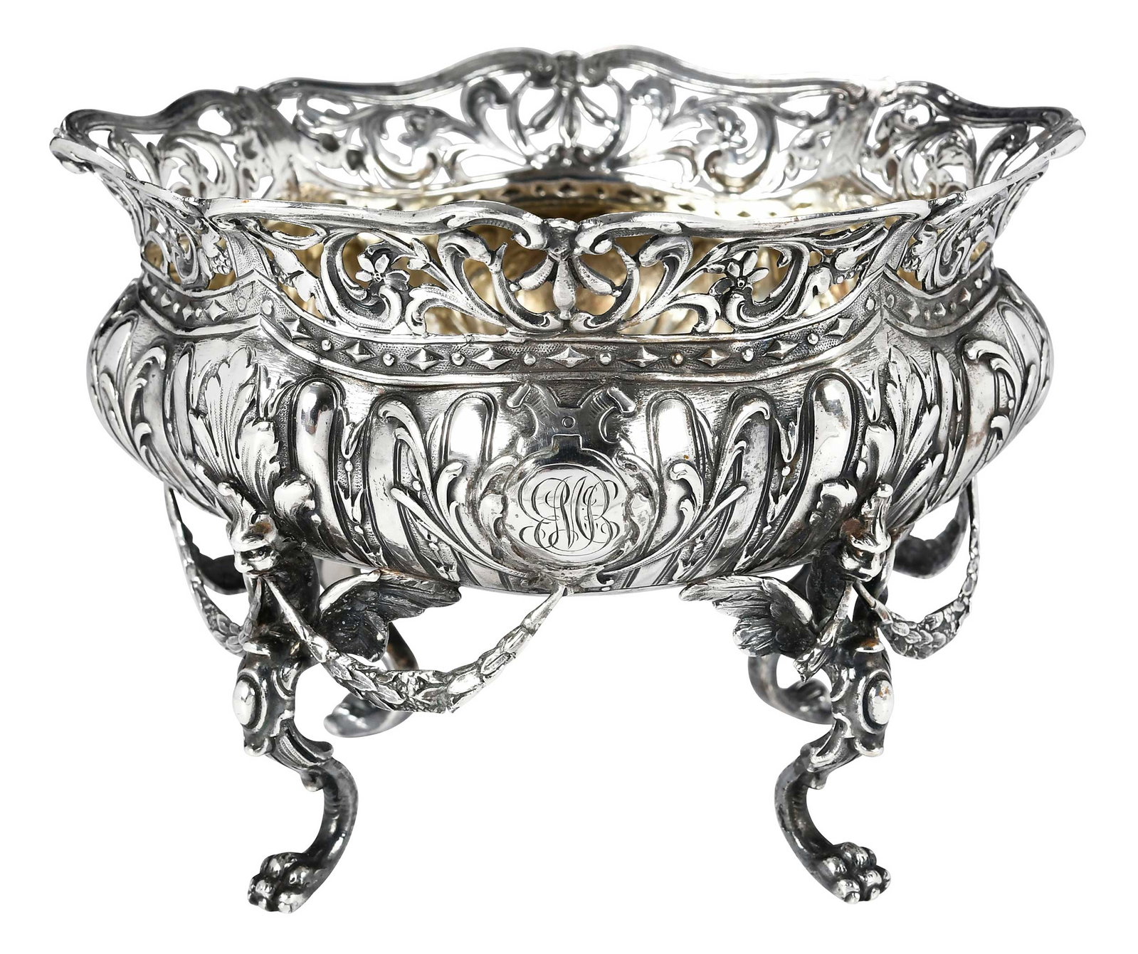 German Silver Footed Bowl: 20th century, round with flared rim, swag decoration, Griffin feet, partial marks on base, probably German, 14.46 oz. T., 4-1/2 x 6-1/2 in. Provenance: Private Collection