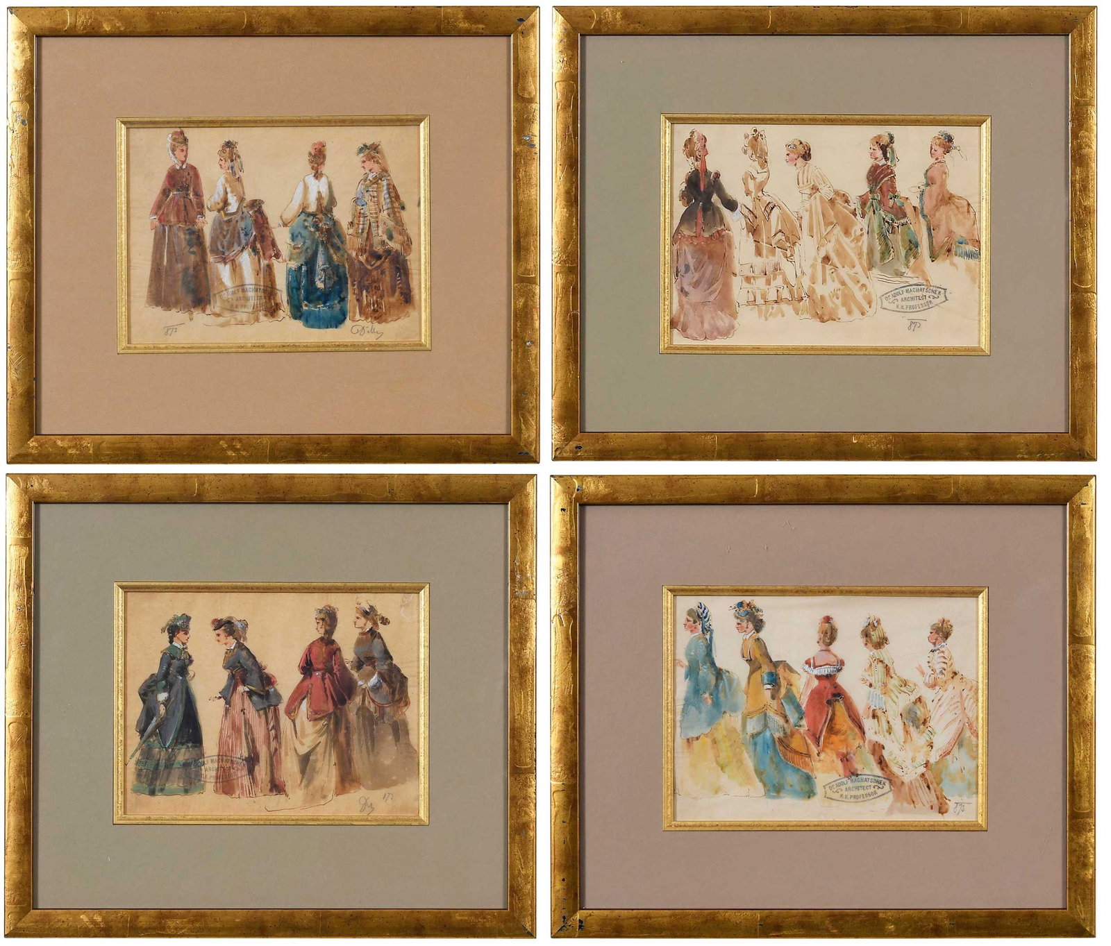 Four French Fashion Illustrations: (19th century) Two possibly signed illegibly lower right, each inscribed with pencil "873", each stamped with collector's stamp, watercolor and ink on tracing paper, sheet, 8-3/4 x 11-1/4 in.;