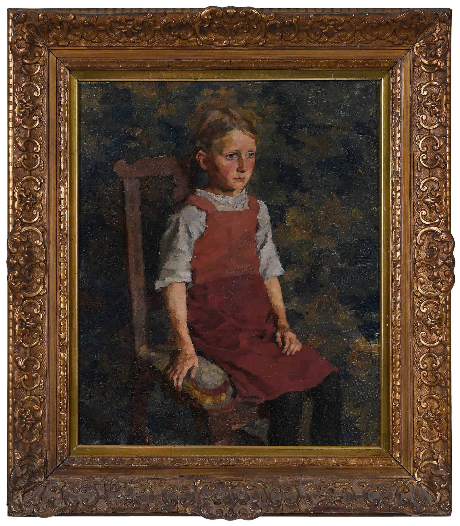 Oskar H. Hagemann: (German, 1888-1984) Portrait of Girl in Red Dress, 1915, signed and dated upper right "Oskar H. Hagemann 1915", oil on fiber board, 19-7/8 x 16-1/2 in.; gilt wood frame, 26-3/4 x 23-3/8 x 2-1/4 in.