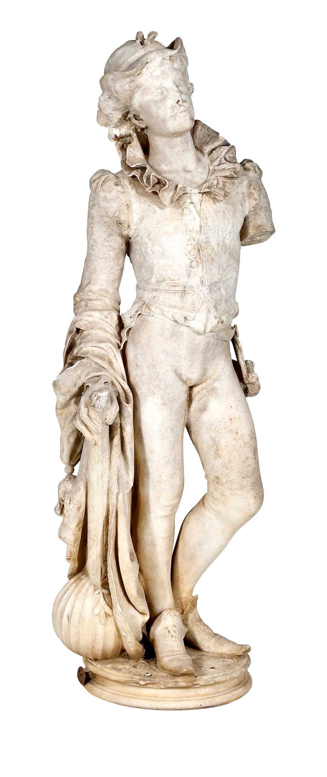 Italian School Sculpture: (19th century) Boy with Lute in Renaissance Costume, unsigned, marble, 45-1/2 x 14-1/2 x 12-1/2 in. Provenance: Private Collection