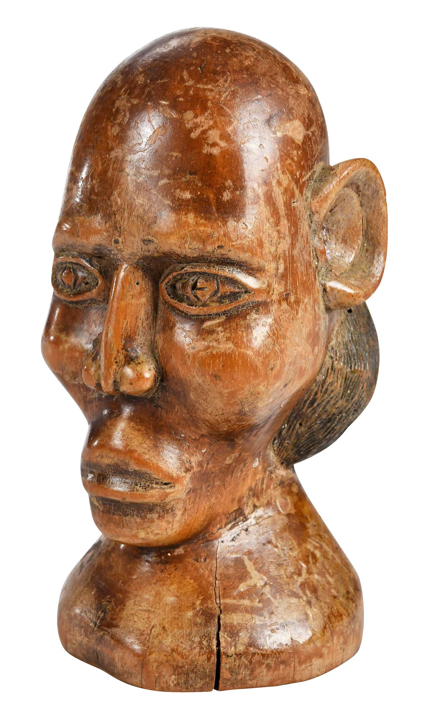 Folk Art Carved Hardwood Bust of a Man: 6-1/8 x 3-1/4 x 3-3/8 in. Provenance: Collection of Dr. James Harkrader, Richmond, Virginia Note: According to consignor notes, this piece was purchased in Virginia several decades ago.
