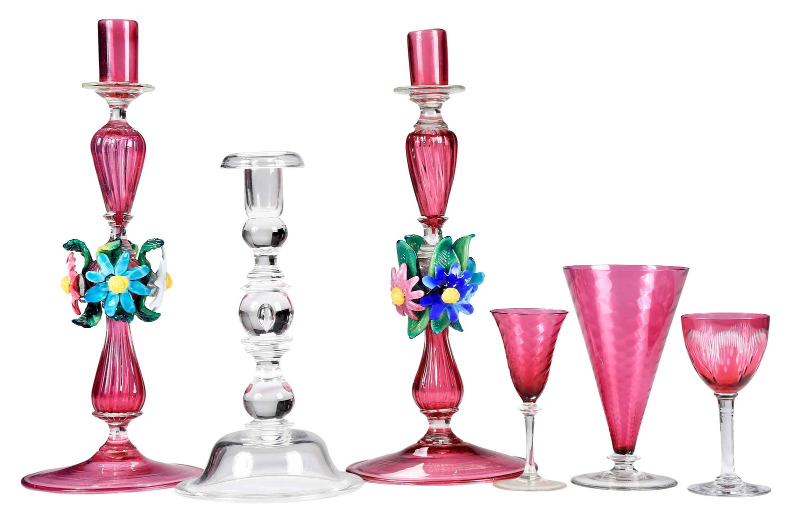 55 Pieces of Assorted Cranberry and Clear Glassware: 20th century, swirl stems likely Theresienthal and F. Schmidt Garda Rose pattern, comprising: pair of candlesticks; ten 5-1/4 in. etched stems/cordials; six 5-1/4 in. swirl stems/cordials; six 6-1/8