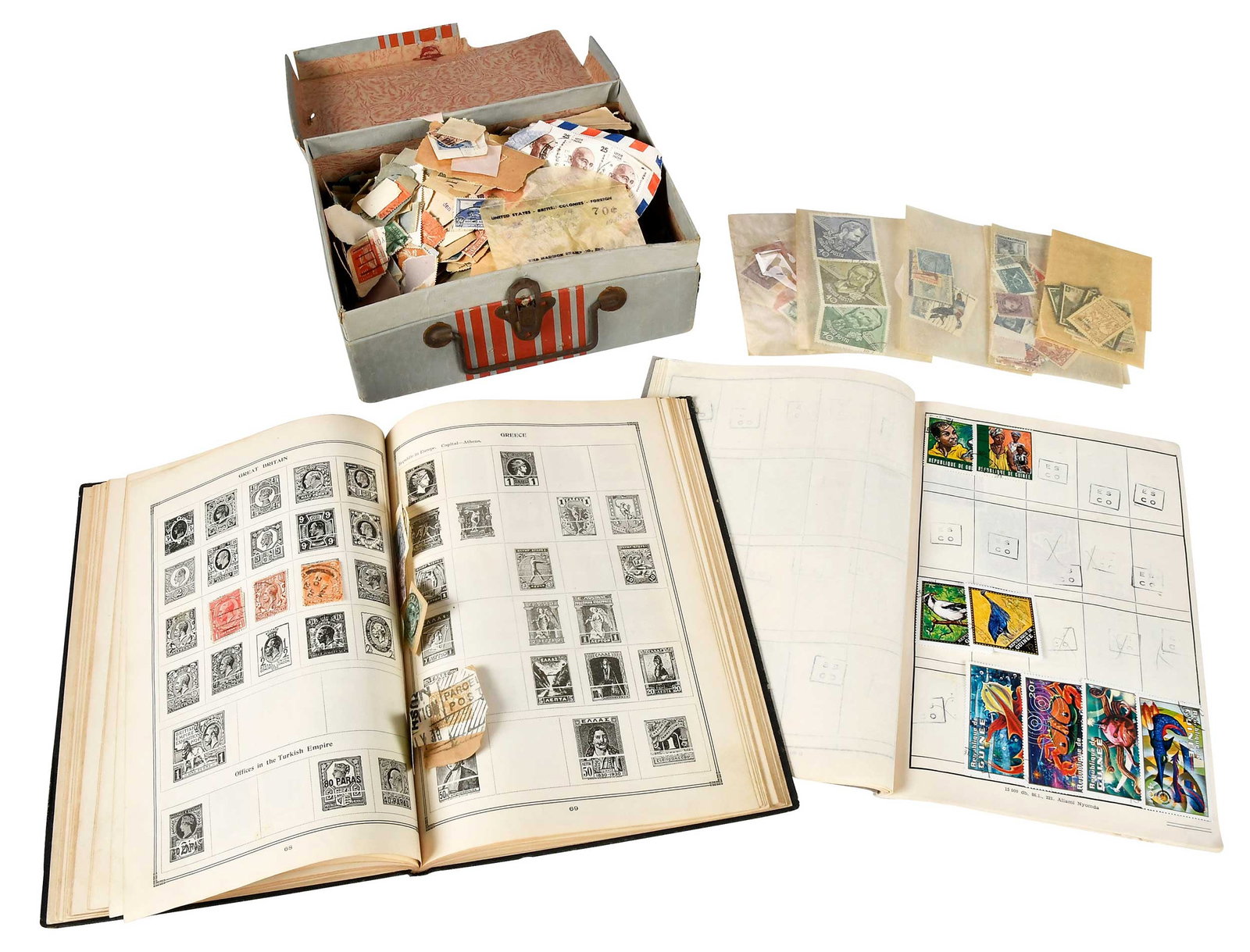 Stamp Group: eight albums with additional loose pages, sparsely filled, also kiloware with bulk canceled stamps Provenance: Private Collection