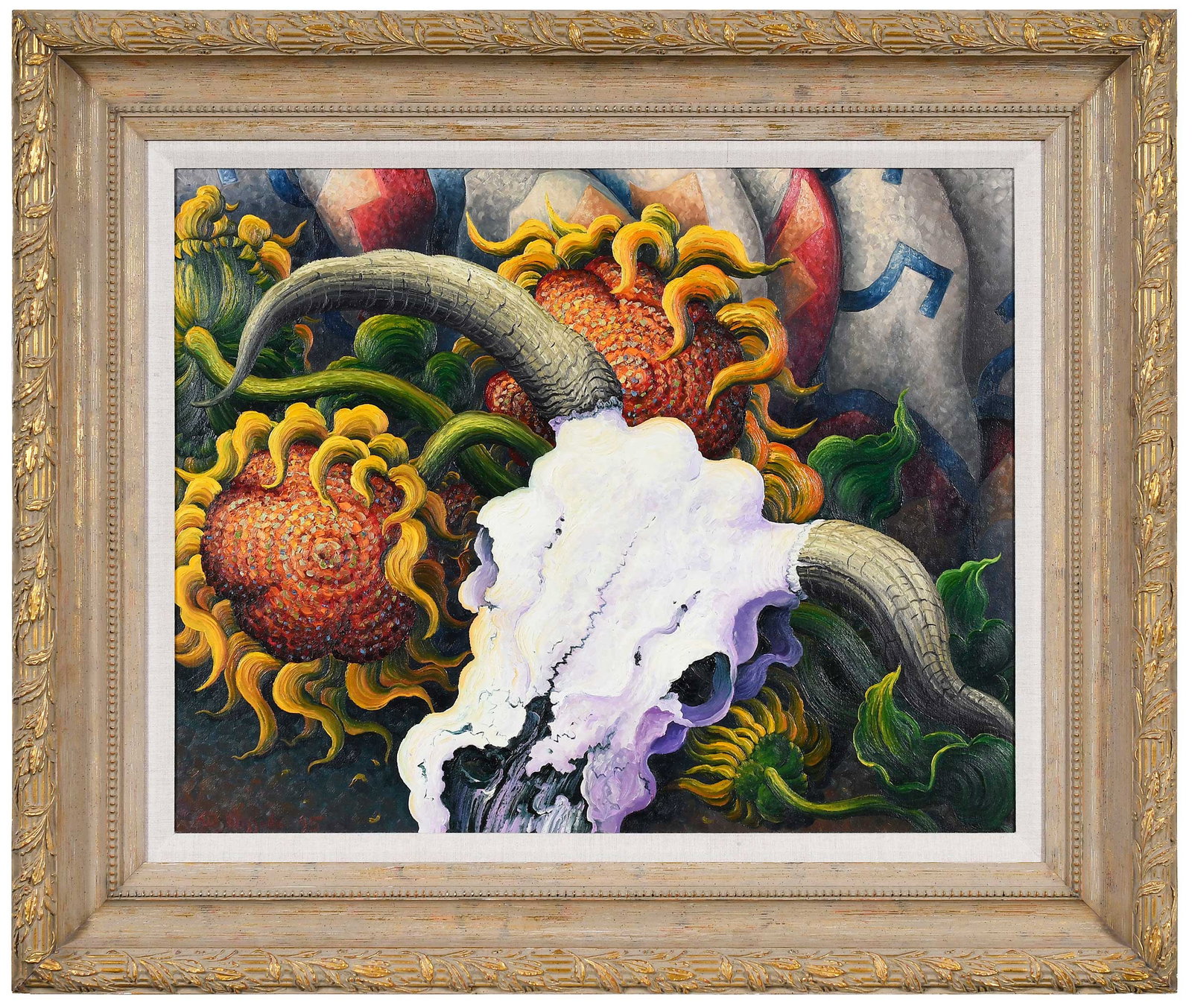 Kim Douglas Wiggins: (New Mexico, born 1960) Cycle of Life Resurrection, 1995, signed lower left "KD Wiggins '95", oil on canvas, 24 x 30 in.; reproduction gilt and painted wood and composition frame, 34-1/4 x 40-3/8 x 3 