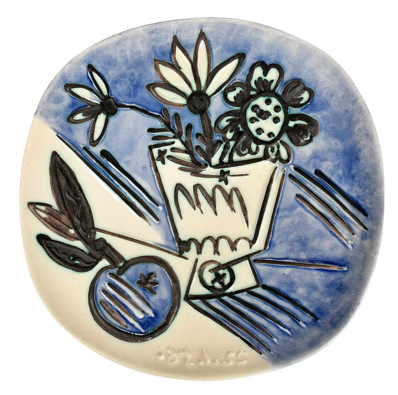 Pablo Picasso Plate, Bouquet a la Pomme: (Spanish, 1881-1973) (A.R.305), 19506, from an edition of 400, stamped verso "Madoura/Plein/Feu" and "Empreinte/Originale De/Picasso", glazed white earthenware with oxidized paraffin,with underglaze o