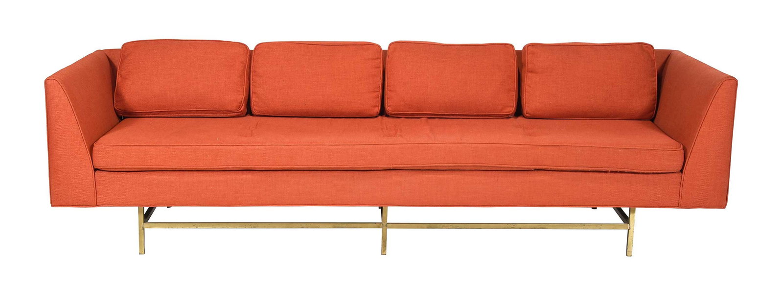 Mid Century Modern Orange Upholstered Sofa: 20th century, brass plated base, 28 x 96-1/4 x 32 in, seat height 17-1/2 in. Provenance: Estate of Mark S. Levine