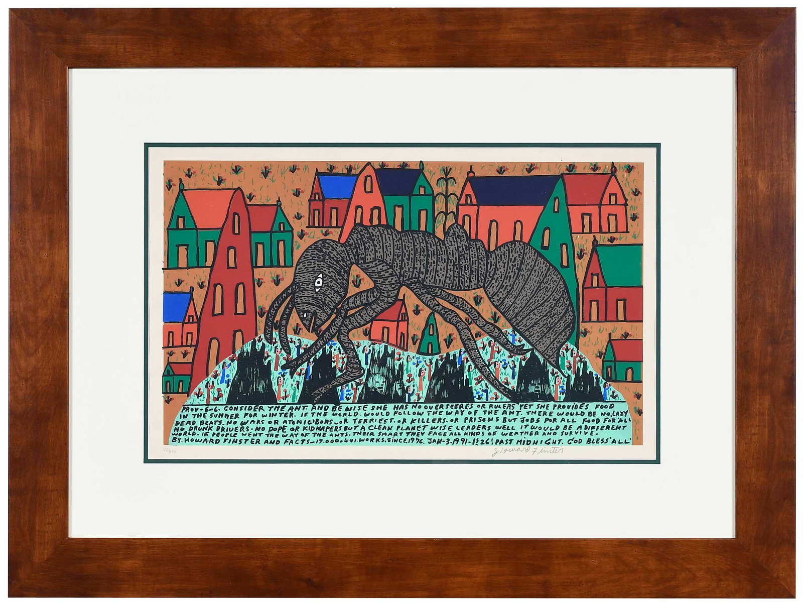 Howard Finster, Silkscreen: (American/Georgia, 1916-2001) Untitled (Proverbs 6:6-Consider the Ant and be wise. . .), edition 82/100, signed in pencil lower right, silkscreen, sight 15-1/2 x 25-1/8 in.; modern wood frame, 29-1/2 