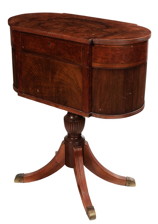 Federal Style Burlwood-Veneered: Sewing Stand 20th century, bookmatched burlwood and figured veneers, hinged lid with removable interior tray, pedestal base, 29 x 25 x 13 in., some surface wear and scratches, otherwise generally good