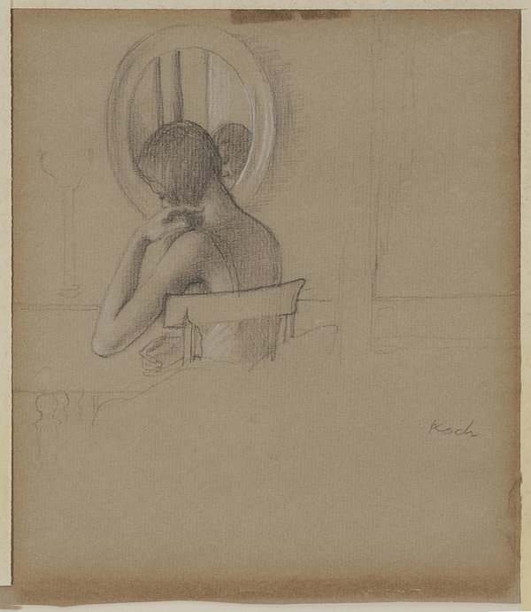 John Koch: (New York, 1909-1978) Model at Dressing Table, signed lower right "Koch", pencil and chalk on brown laid paper, 8-5/8 x 7-1/2 in.; gilt wood frame tape stain top edge, water stain lower right edge, to