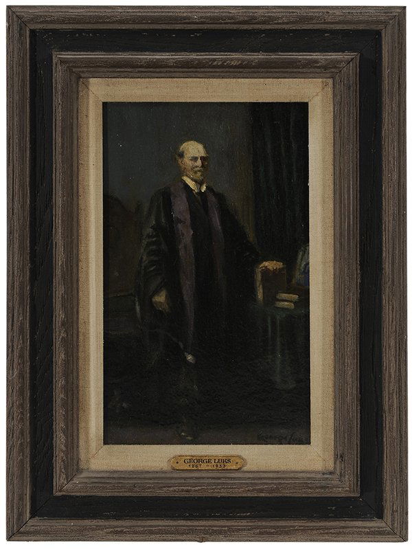 George Benjamin Luks: (New York, 1867 - 1933) Portrait of Charles Evans Hughes, Sr (1862-1948), signed lower right "George Luks", oil on canvas, 13-1/4 x 8-1/4 in.; painted wood frame, laid on masonite, large abrasion with