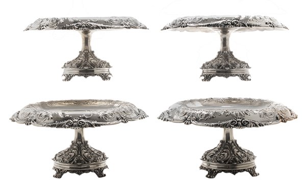Set of Four Gorham Sterling Compotes: American, 1915, round with shell, scroll, floral and gadroon decoration, Gorham, "5217A", no monogram, 170.26 oz.T. total, 6 x 11-1/2 in., light scratches, small dents, one with pitting. Provenance: 1